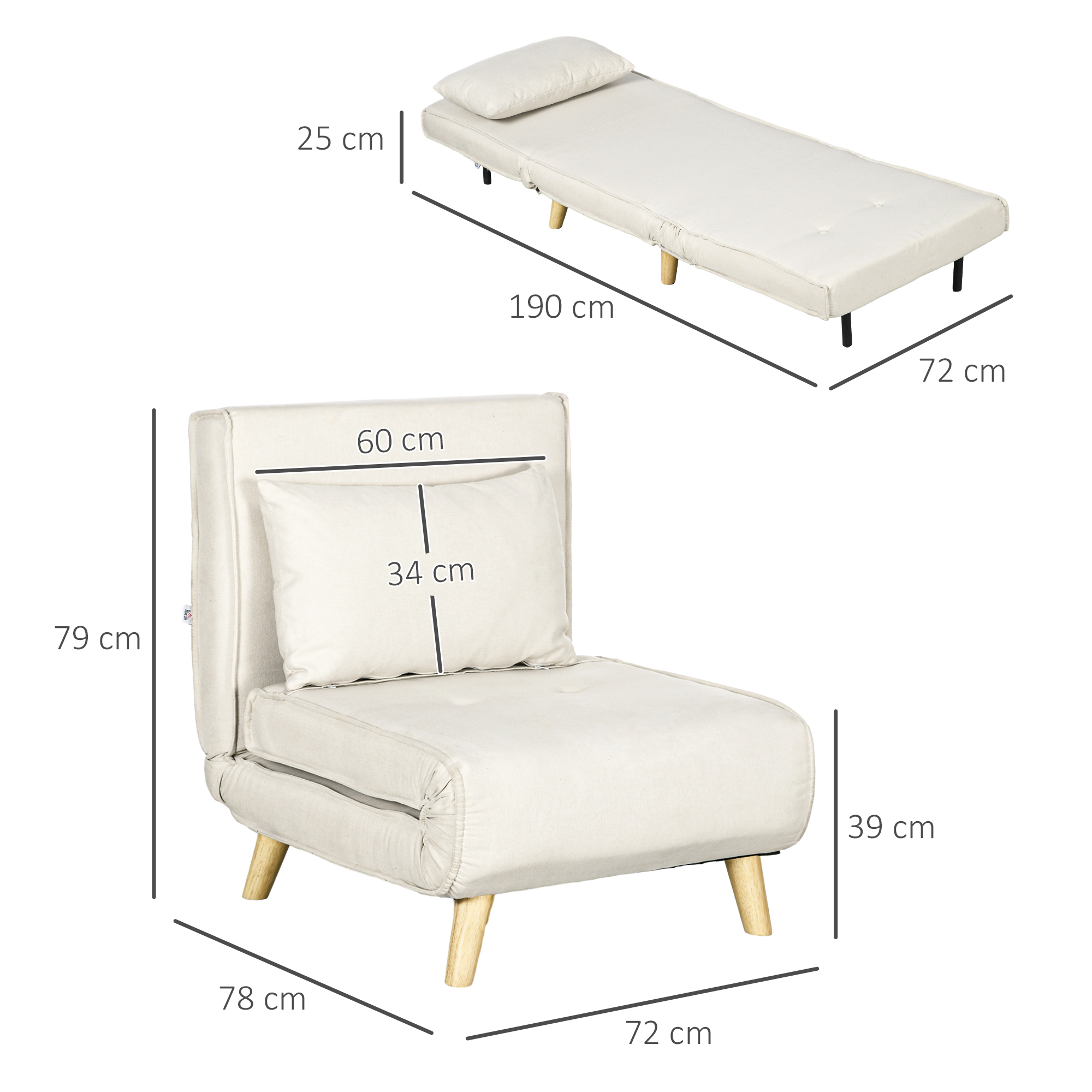 Schlafsessel, 6-stufig verstellbare Lehne, Leinenoptik, bis 120 kg, Creme