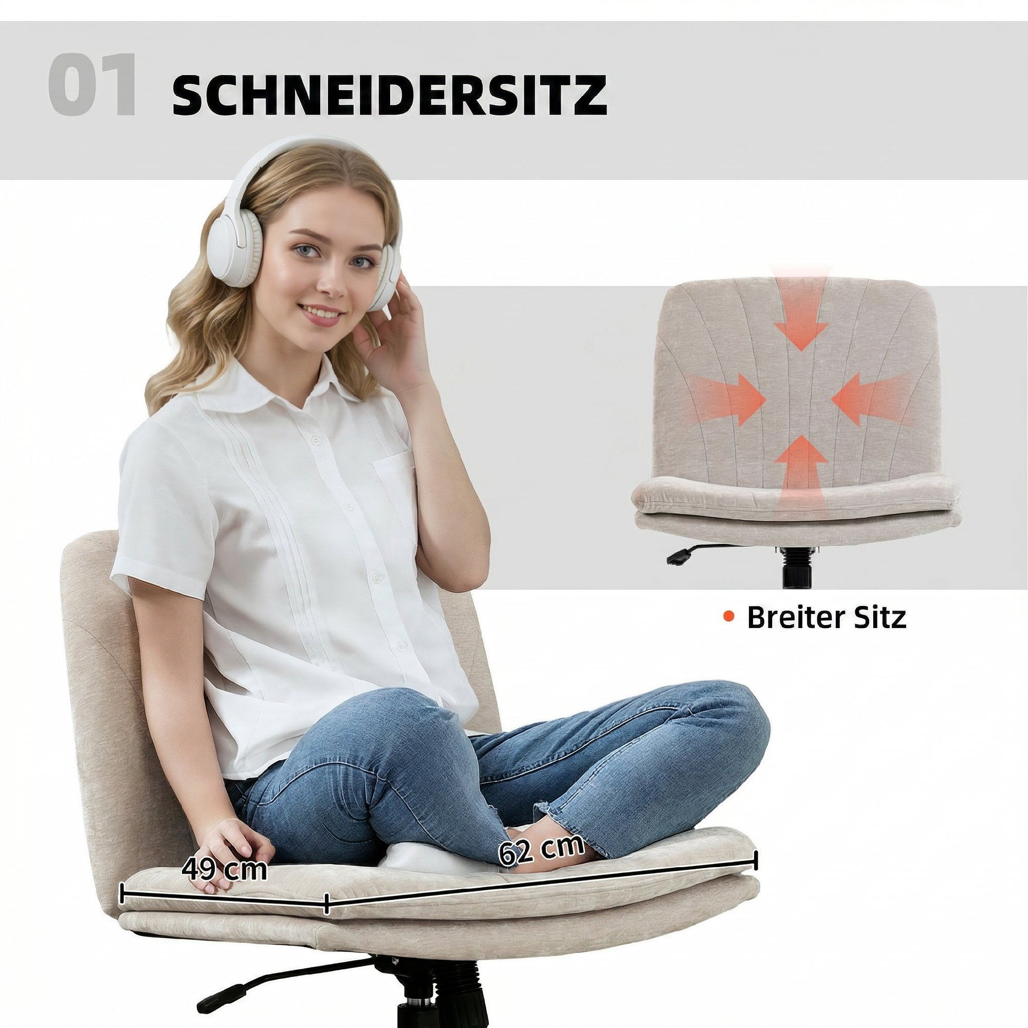 Homeoffice Stuhl Schreibtischstuhl mit Leinenoptik Höhenverstellbar Schneidersitz Drehstuhl mit Wippfunktion, Beige