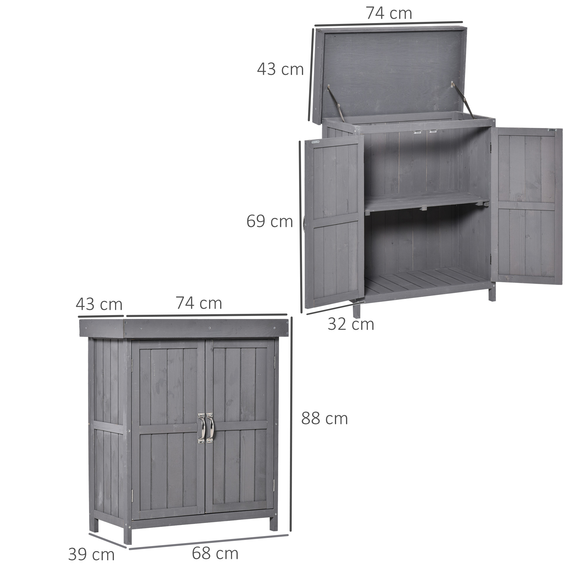 Geräteschrank, Doppeltür, Klappdeckel, 2 Regalfächer, wetterfest, Naturholz, grau, 74 x 43 x 88cm