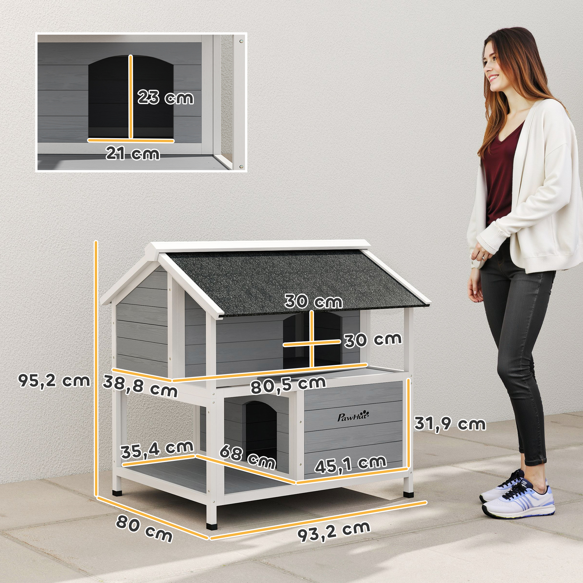 Outdoor-Katzenhaus, Katzenzuflucht für den Außenbereich, wasserfest, aufklappbares Dach, Fichtenholz, 80 x 93 x 95, Grau