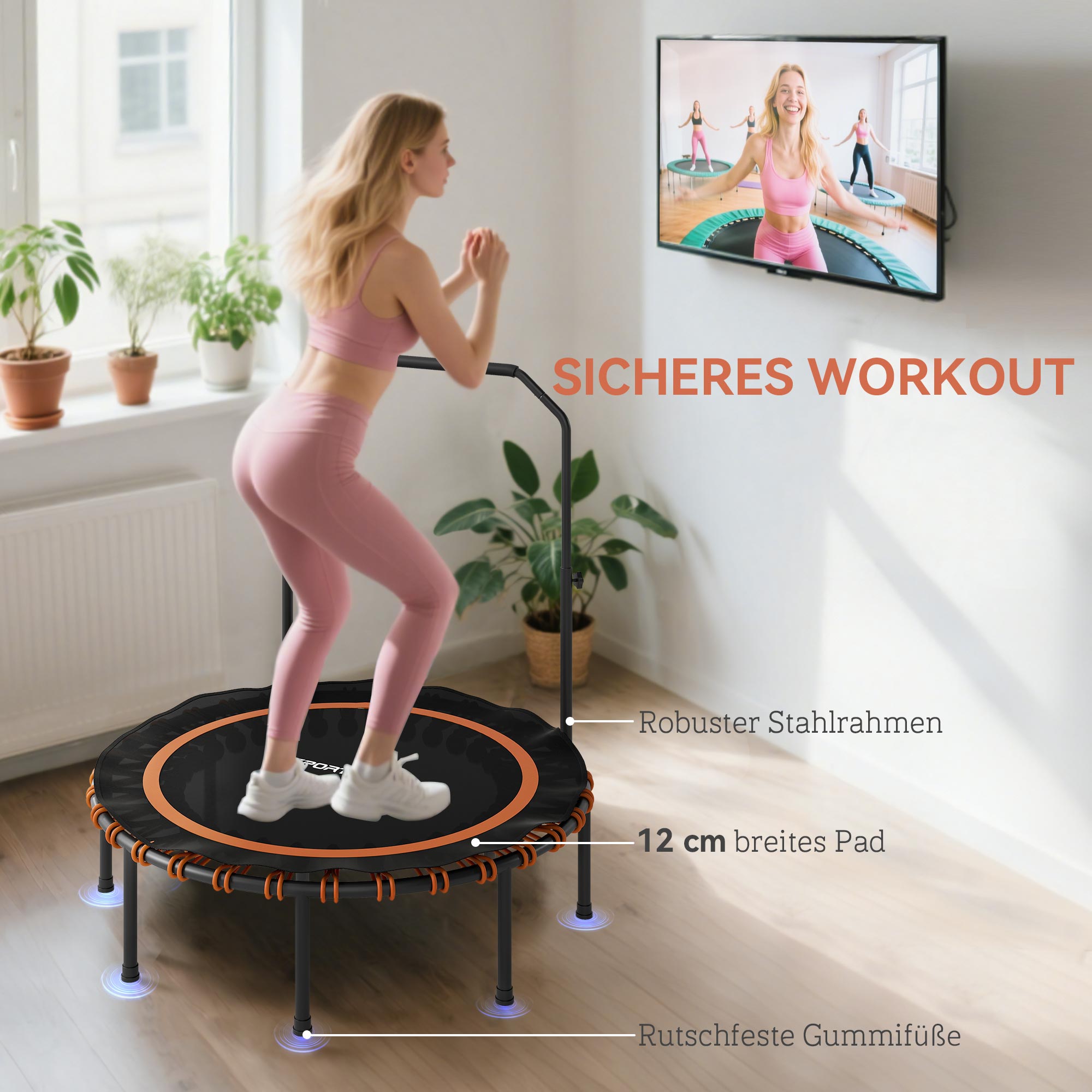 Fitness-Trampolin mit verstellbarem Handlauf, Sport-Trampolin für drinnen und draußen, Stahl, Kunststoff, Orange