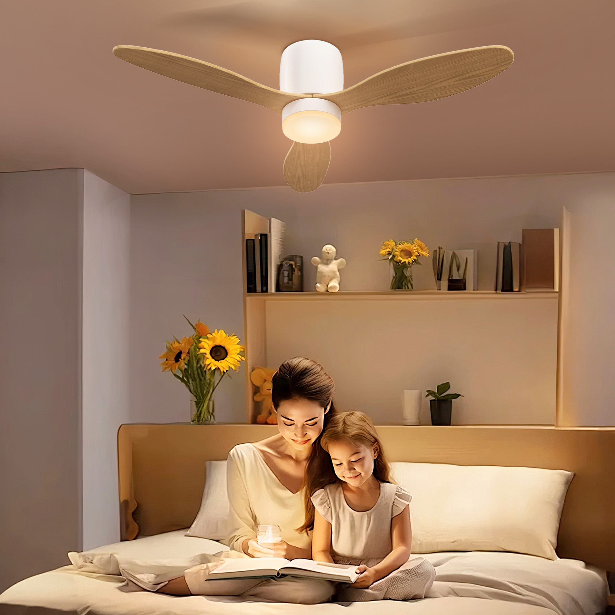 Deckenventilator mit einstellbarem Licht und Fernbedienung 115 cm, 3 Farben, 3 Flügel, 6 Geschwindigkeiten, Timer, Natur