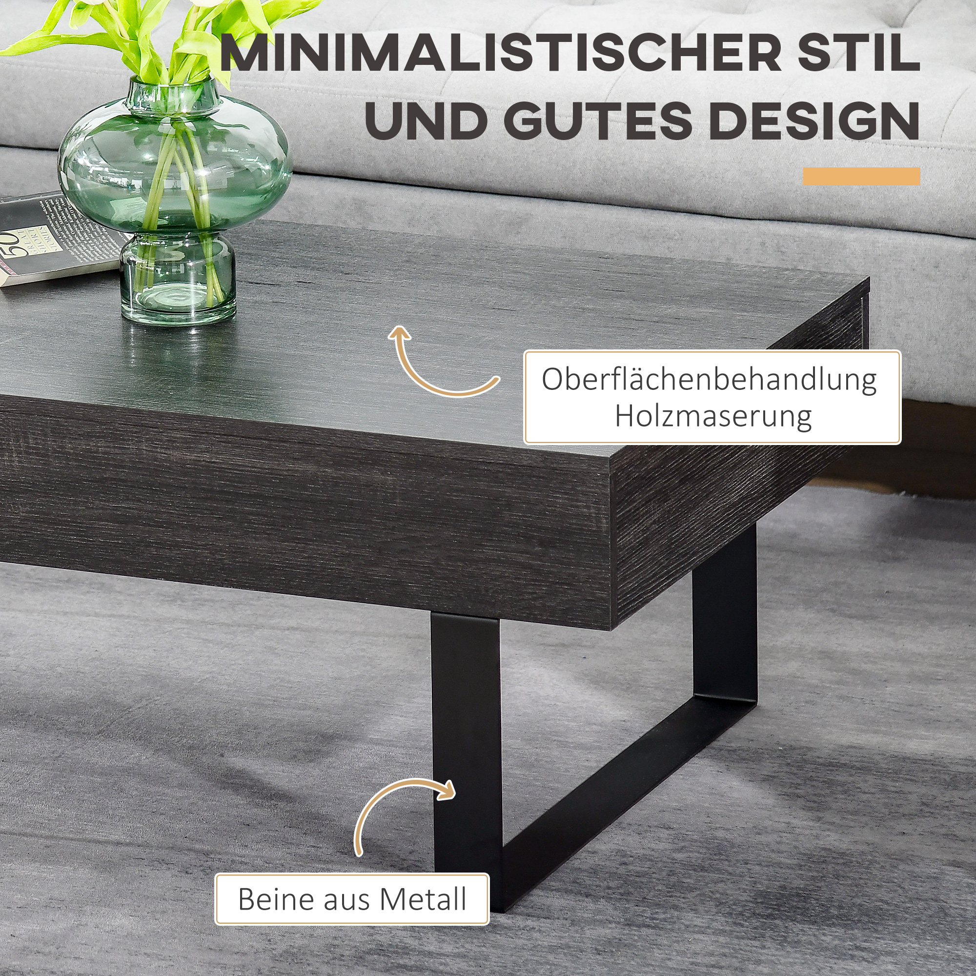 Couchtisch Wohnzimmertisch mit Schublade Modern Sofatisch mit Metallrahmen Beistelltisch Kaffeetisch für Wohnzimmer 110 x 60 x 40 cm, Dunkelgrau