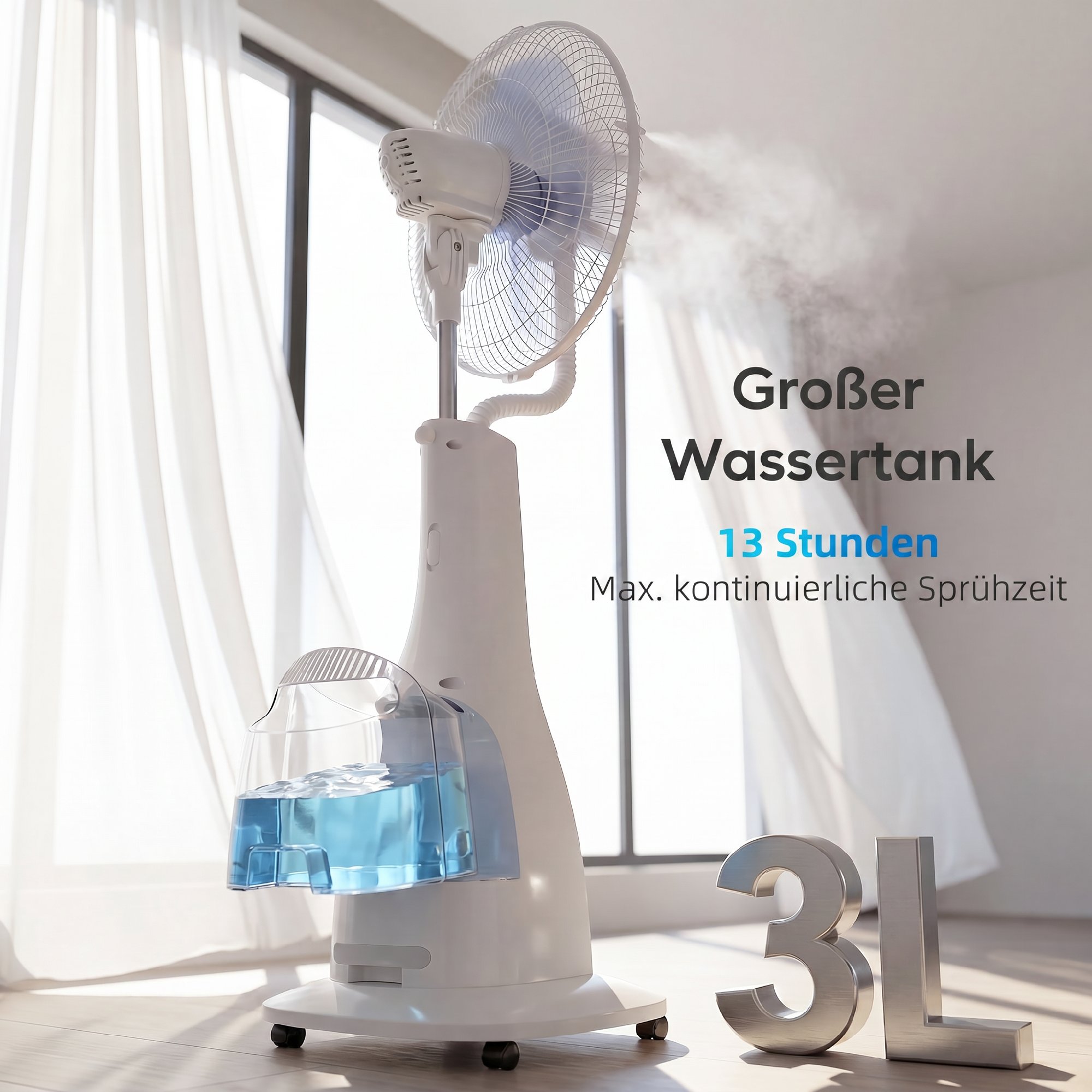 Stehventilator mit Wassernebel, 75° Oszillation, 3 Geschwindigkeiten, 3 Modi, Weiß
