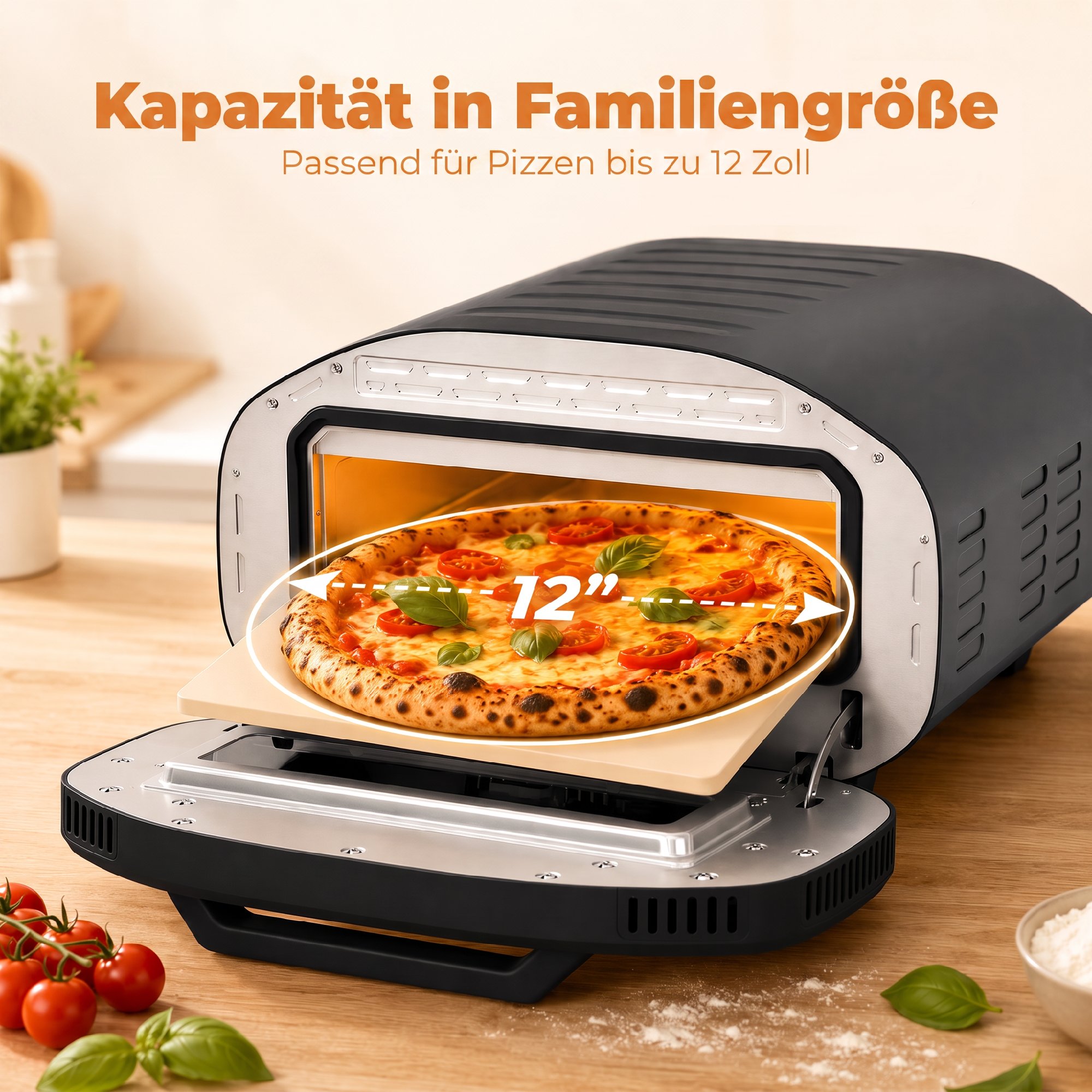Pizzaofen für innen, 12 Zoll elektrischer Pizzaofen mit 8 Programmen, 430 °C, Timer, Keramikstein, 2200 W