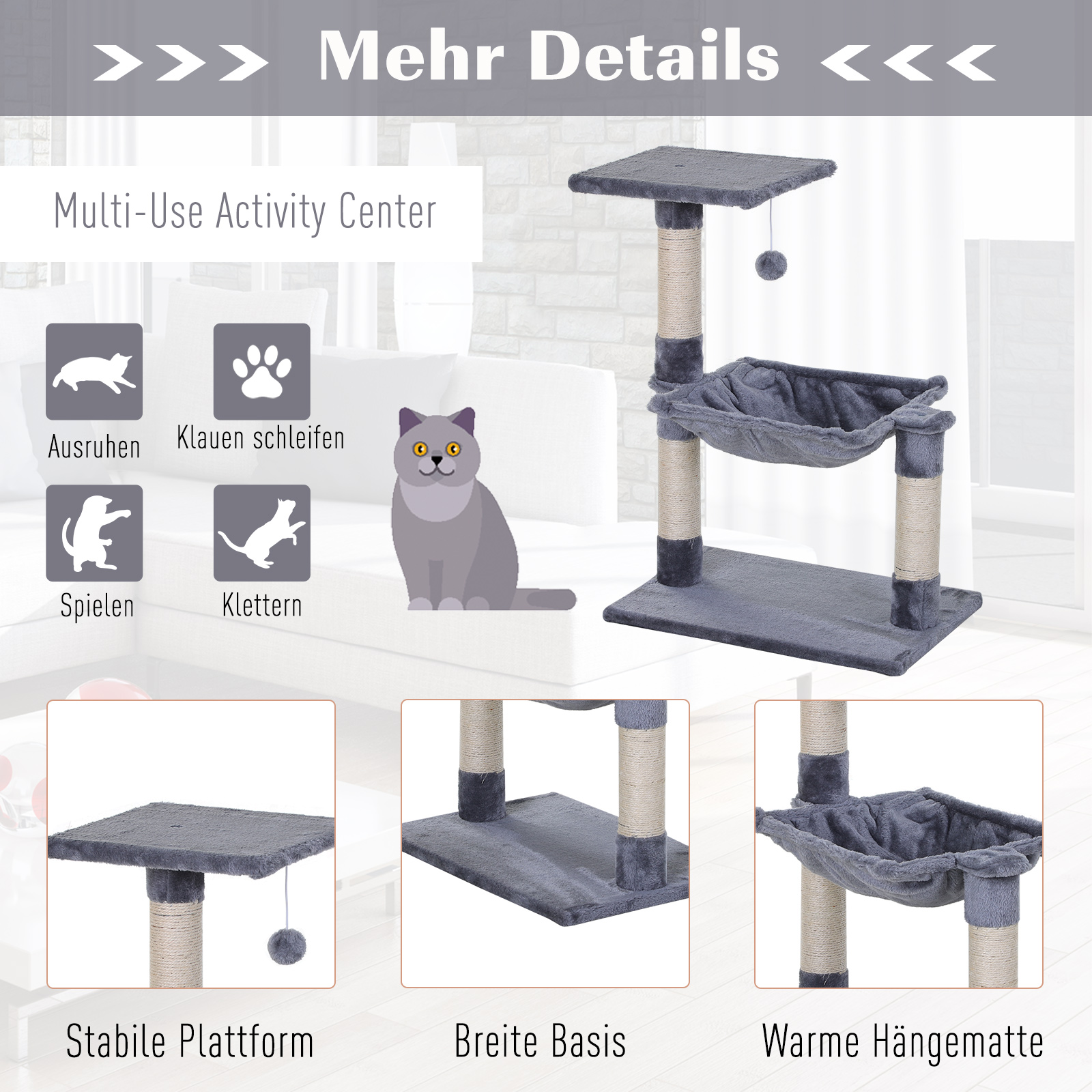 Kletterbaum Katzenbaum Kratzbaum mit Sisalsäule Plüsch-Hängematte Spanplatte Grau 50 x 36 x 70 cm