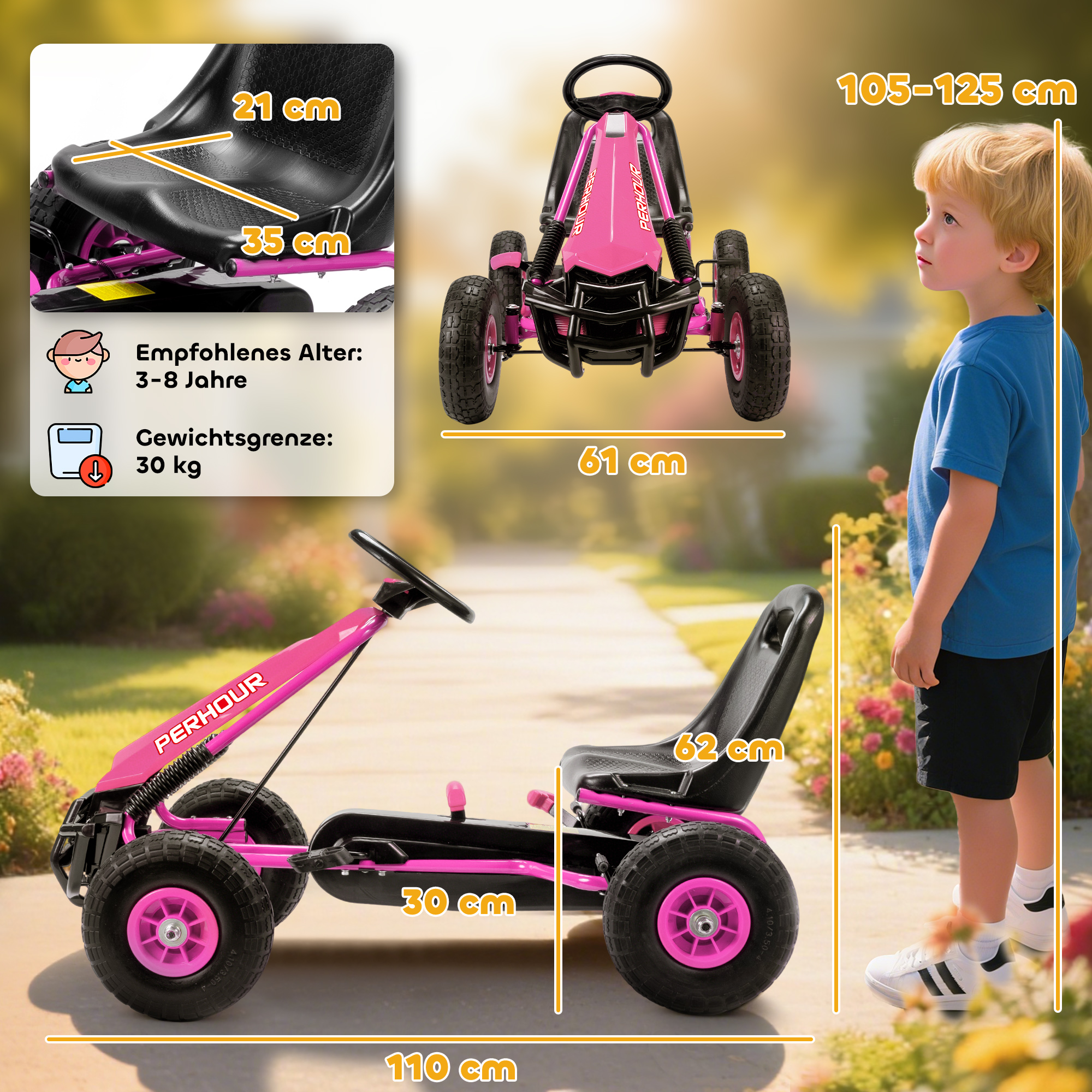 Pedal-Gokart für Kinder, höhenverstellbarer Sitz, EVA-Räder, Bremse, Kupplung, 3-8 Jahre, Rosa