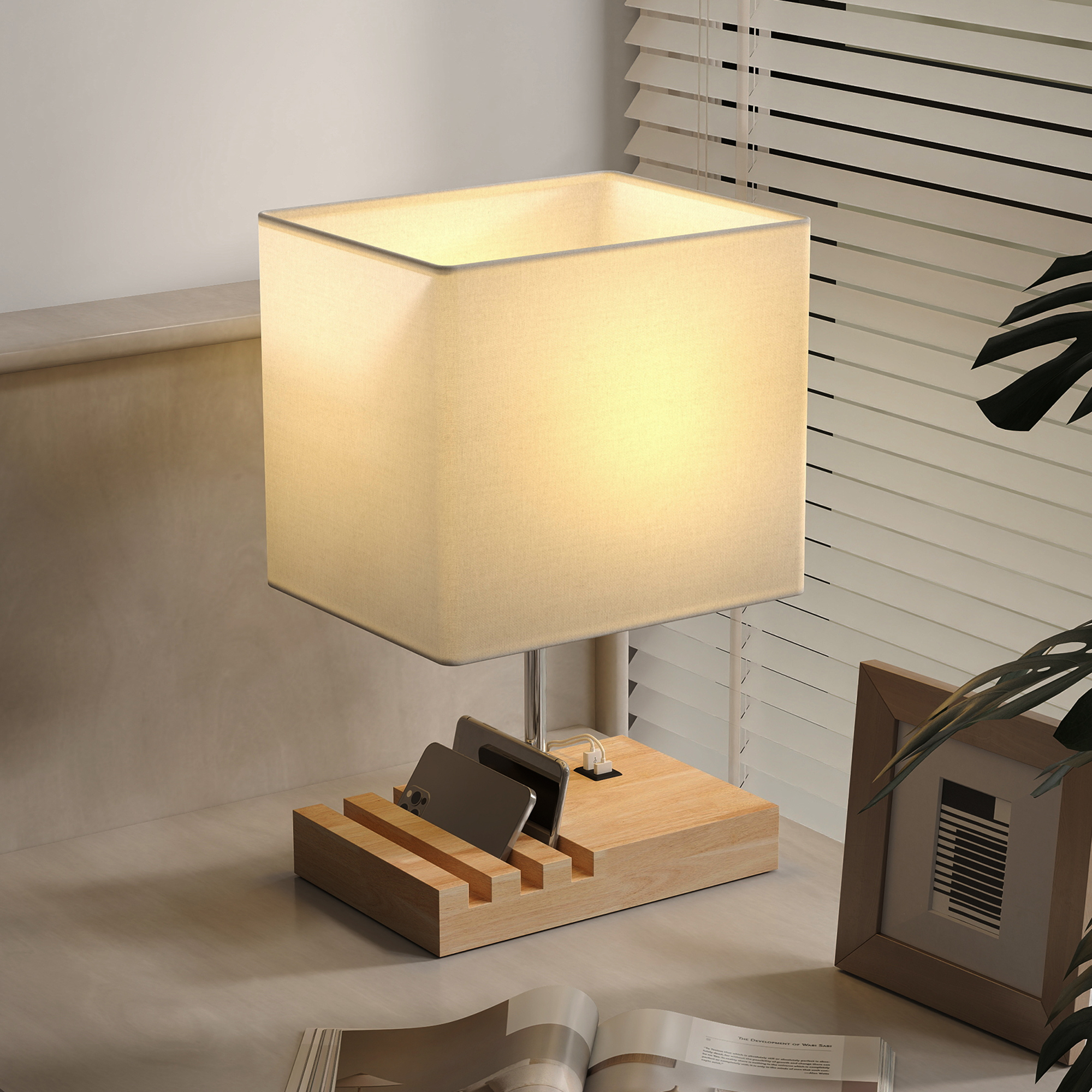 Nachttischlampe, USB-Anschlüsse, Holz, Stoff, Wippschalter, Ablagefächer, Weiß