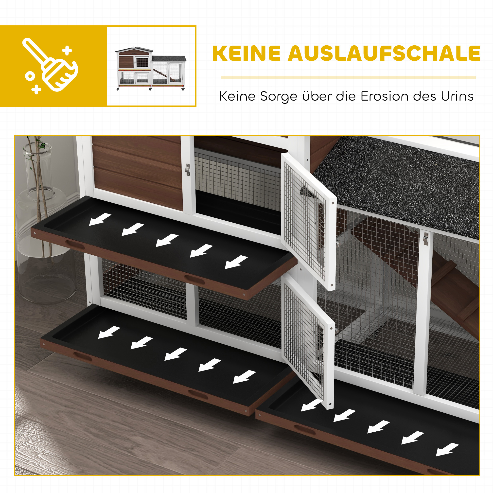 Kleintierstall mit Rollen, Zwergkaninchenstall, Freilaufgehege, Asphaltdach, Kleintierhaus, Zwergkaninchenauslauf, Holz, Stahl, Braun