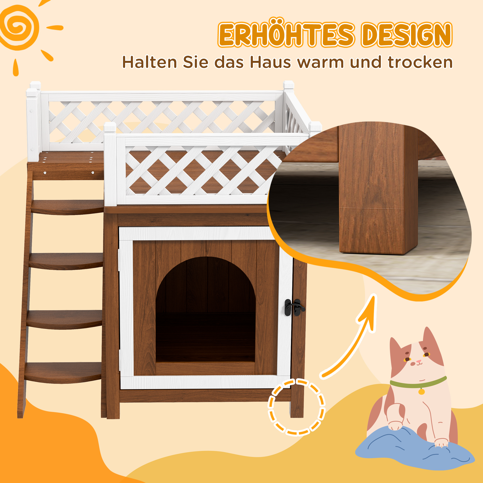 Katzenhaus, zweistöckig, mit Balkon und Treppe, für drinnen und draußen, für Katzen und Kaninchen, Tannenholz, Braun