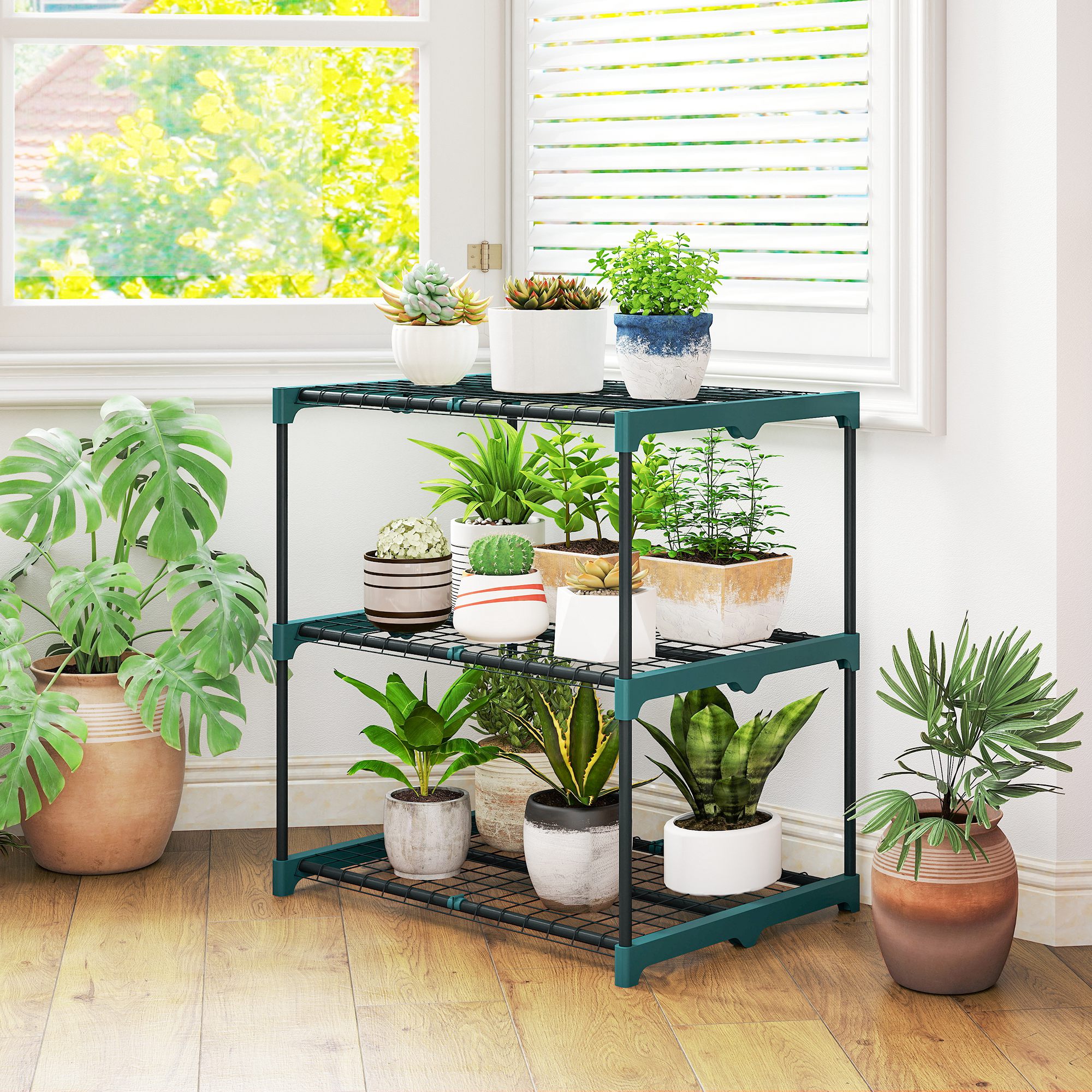 3-Etagen Pflanzenständer, 72 cm hoch Blumenständer für Innen Außen, Pflanzenregal aus Stahl Dunkelgrün