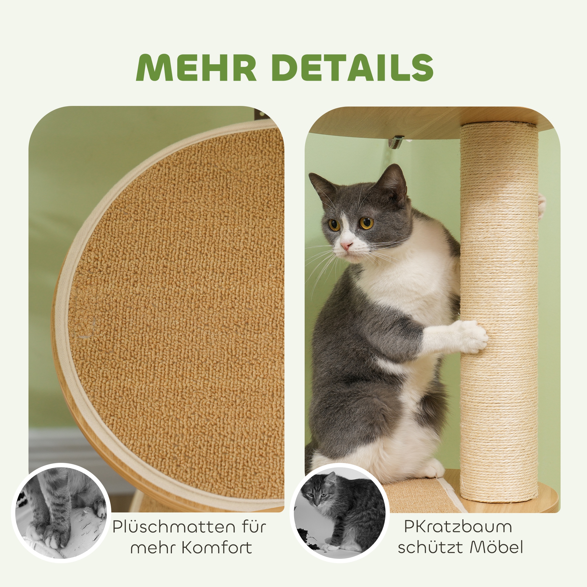 Deckenhoher Kratzbaum, Anti-Kipp-Sicherung, Sisal-Seilpfosten, Holzwerkstoff, Eiche+Cremeweiß