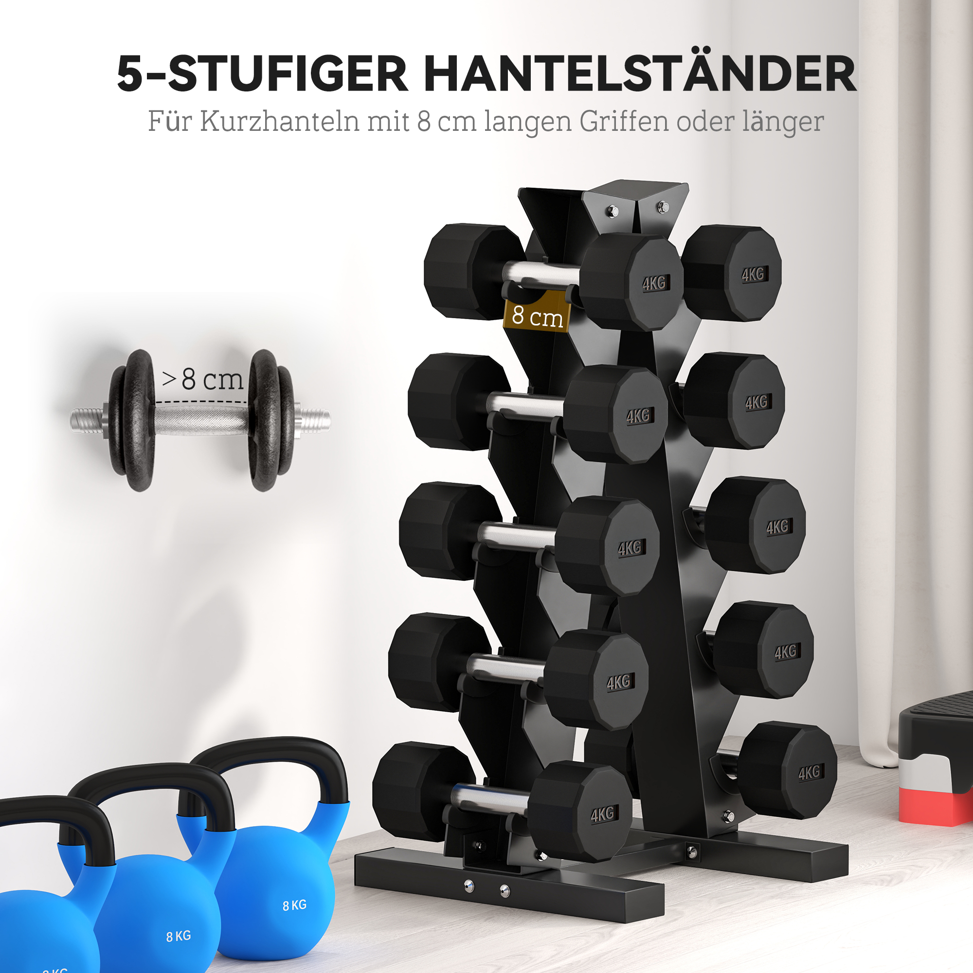 Hantelständer für 10 Kurzhanteln, 5 Ebenen, stabiles Stahlgestell, bis 100 kg, schwarz, 66 x 35 x 33 cm
