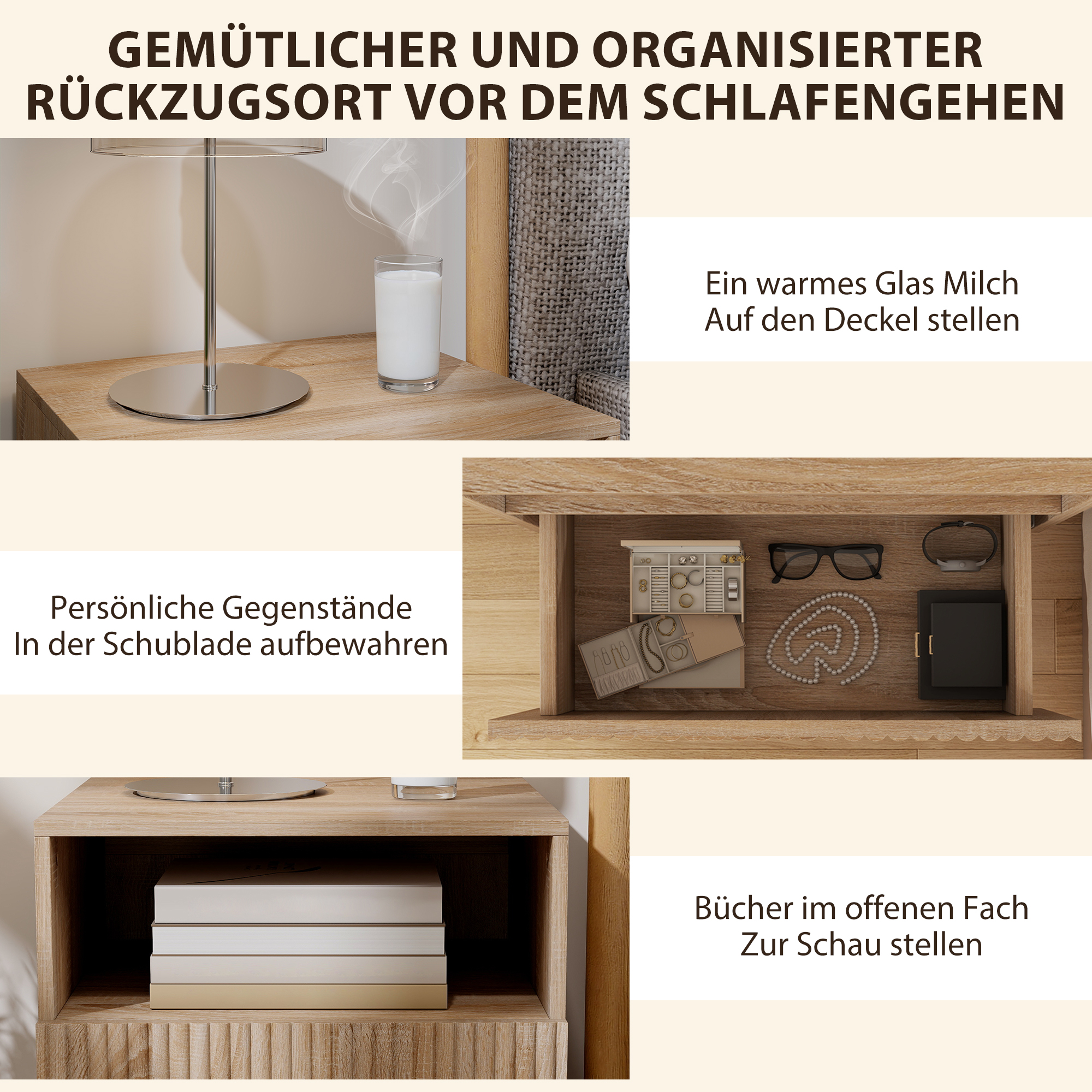 Nachttisch, griffloses Design, offenes Fach, Schublade, Wandmontage, Hellbraun