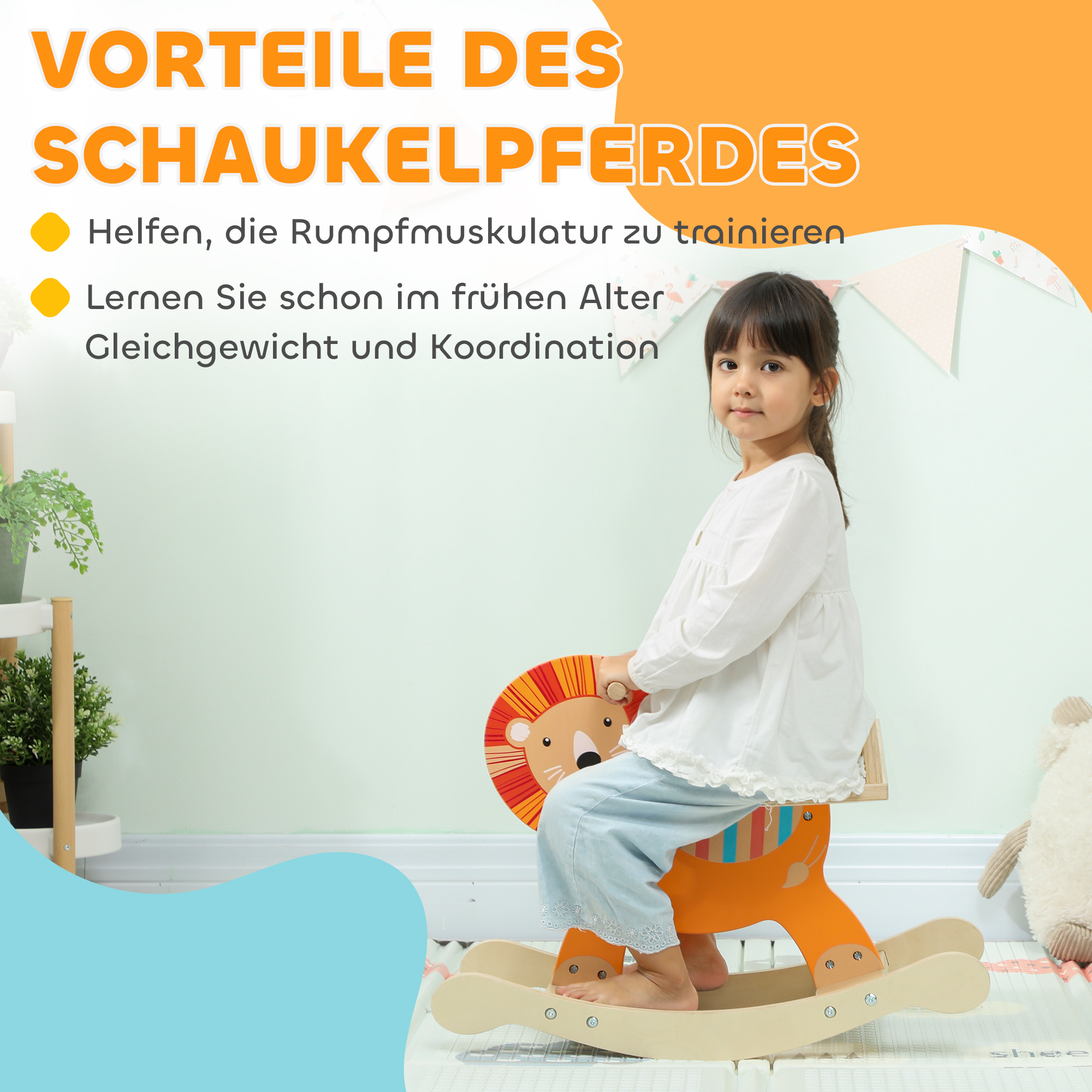 Schaukelpferd mit Löwen-Design, 25 kg Belastbarkeit, 2-5 Jahre, Holz, Orange