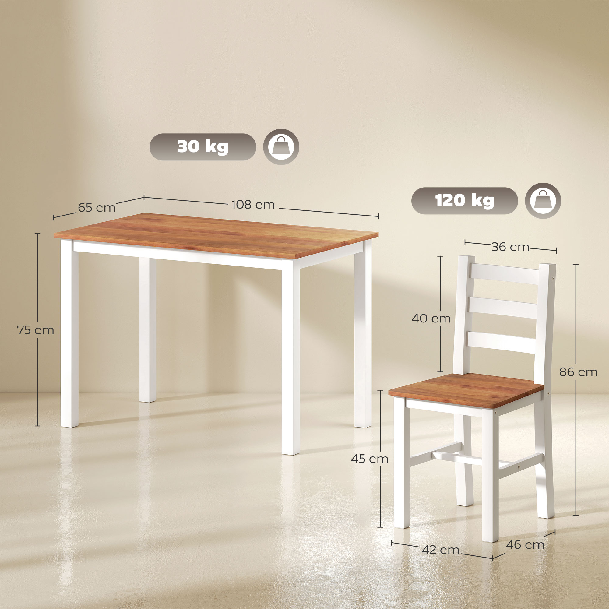 Essgruppenset, Esstisch, 4 Stühle, Esszimmerset, Kiefernholz, Braun+Weiß