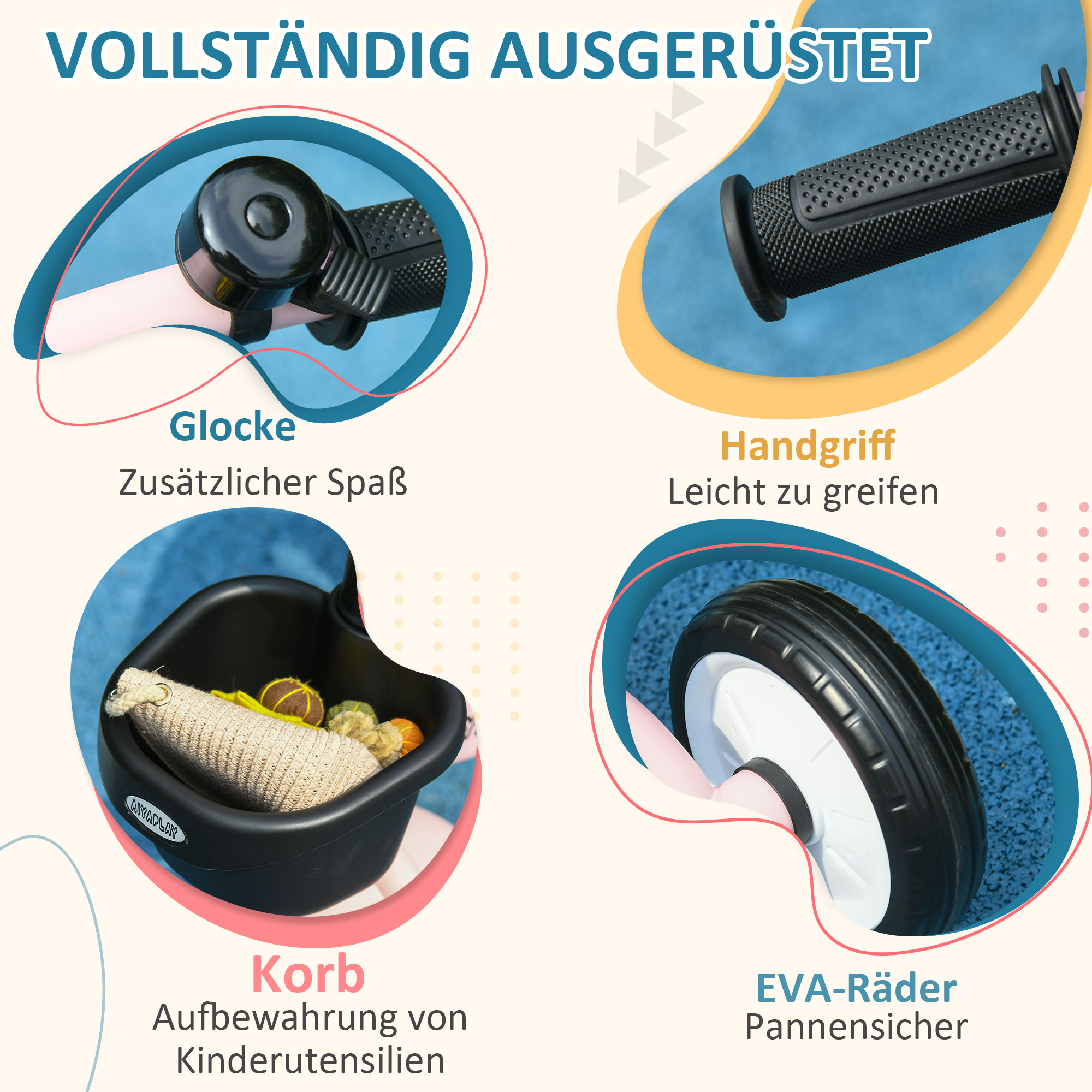 Dreirad für Kinder 2-5 Jahre, höhenverstellbarer Sitz, Klingel, Fahrradkorb, Metallrahmen, Rosa