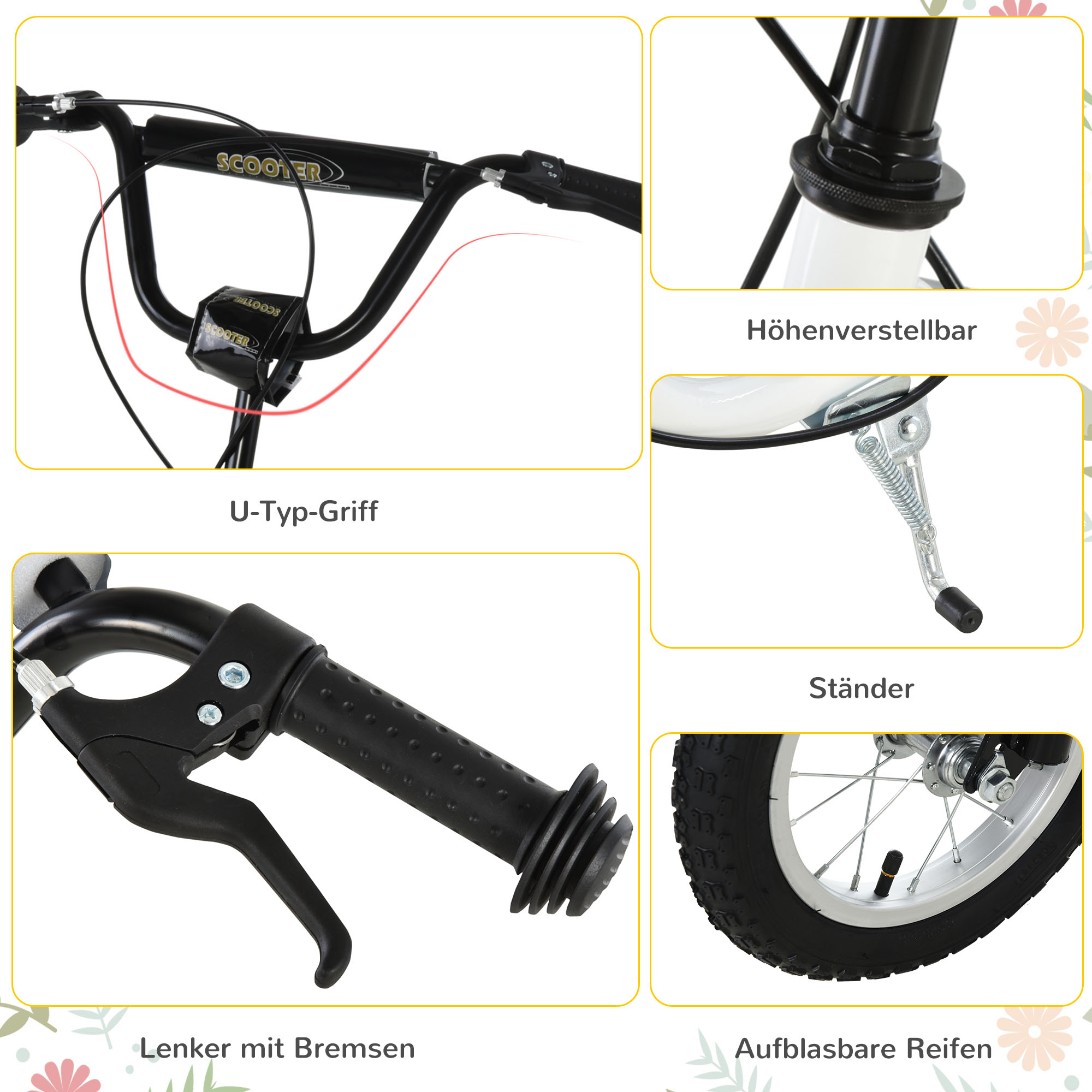 Kinderroller ab 5 Jahre Scooter Kinderscooter Tretroller Cityroller Kinder Roller Kickboard mit Luftreifen 12 Zoll Gummi Aluminium Weiß 120 x 58 x 85-95 cm