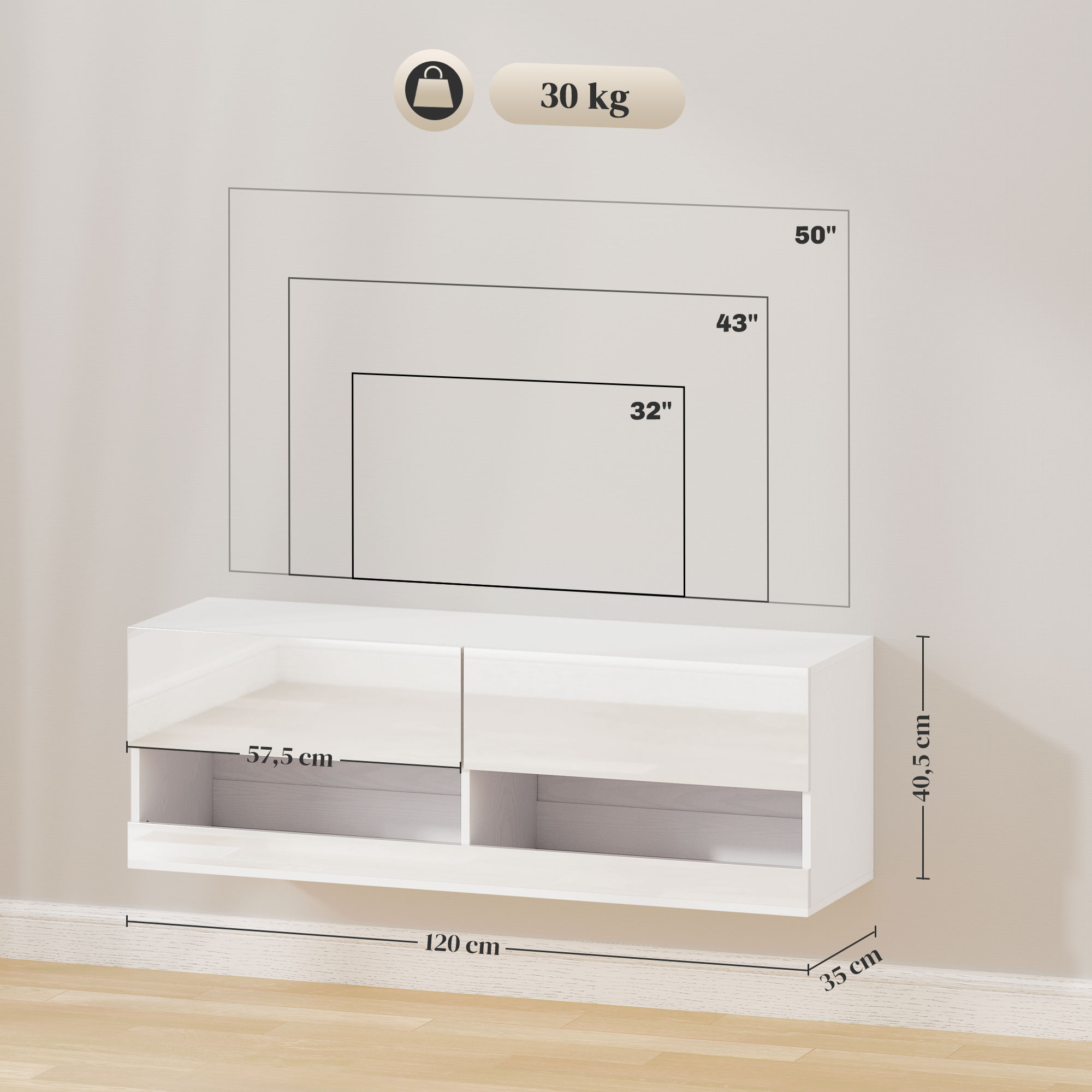 TV-Hängeschrank mit LED-Beleuchtung, 16 Blinkmodi, Wandmontierter TV-Schrank, Offene Regale, 120 x 35 x 40,5 cm, Weiß