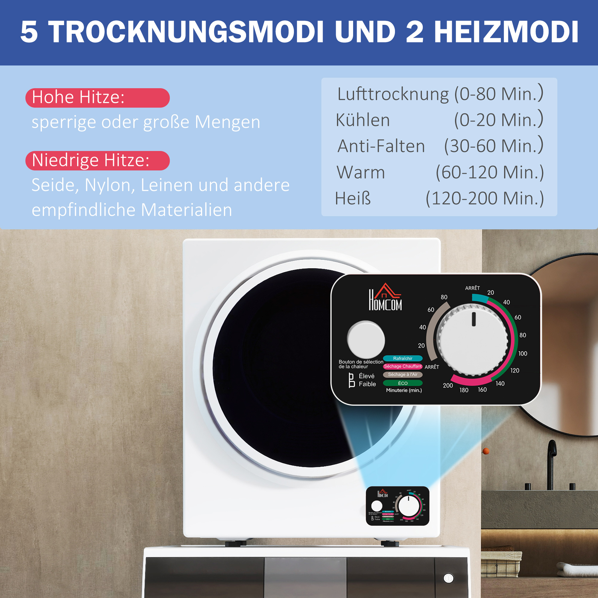 Mini Wäschetrockner 4 kg mit 4 Programme, 2 Heizstufen, Sterilisation bis zu 65? 850W für Kleidung