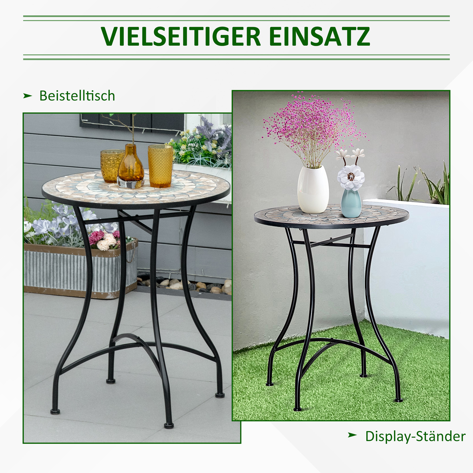 Gartentisch Mosaiktisch rund Bistrotisch Beistelltisch mit Mosaikplatte Keramik Metall Grün+Beige+Weiß Ø60 cm