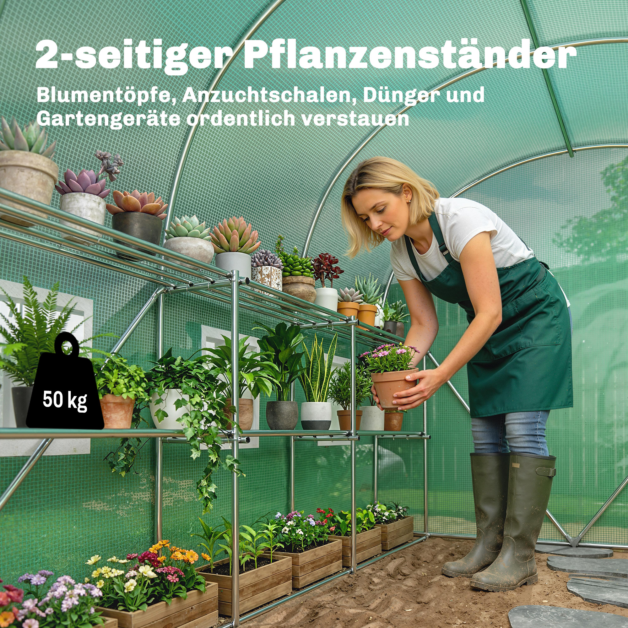 Gewächshaus ca. 2,7 x 2 x 2 m Foliengewächshaus mit Regalen Rollbar Reißverschlusstür 6 Netzfenster Stützstangen
