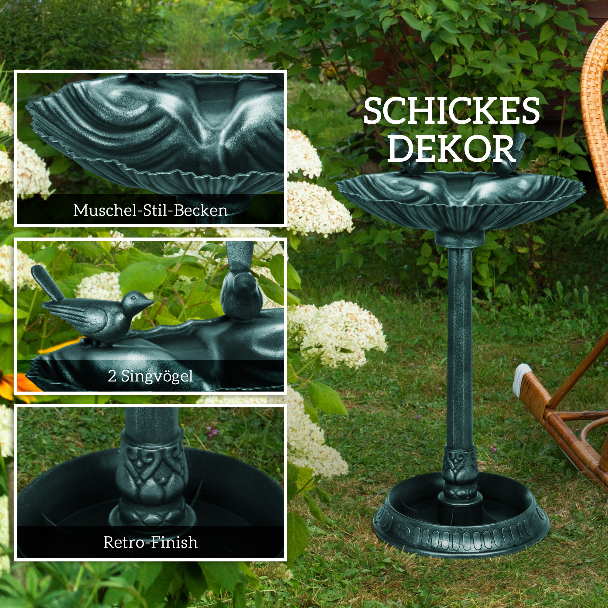 Vogeltränke, Vogelbad mit Statuen, 2 Becken, Kunststoff, antiker Look, 49,5L x 38B x 81H cm, Dunkelgrün
