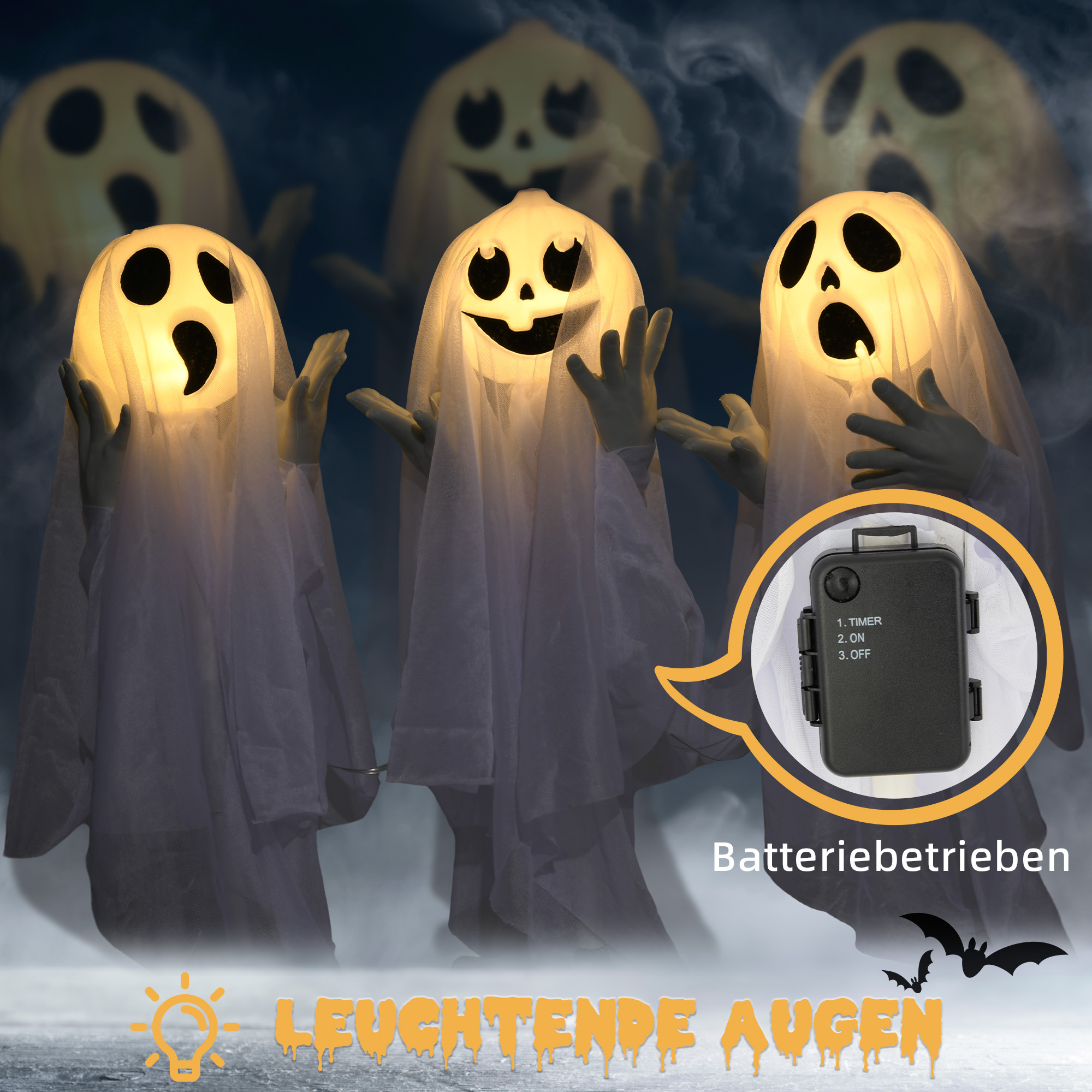 Halloweendekoration, 3 leuchtende Geister, Bewegungssensor, 54 x 10 x 60 cm, Weiß