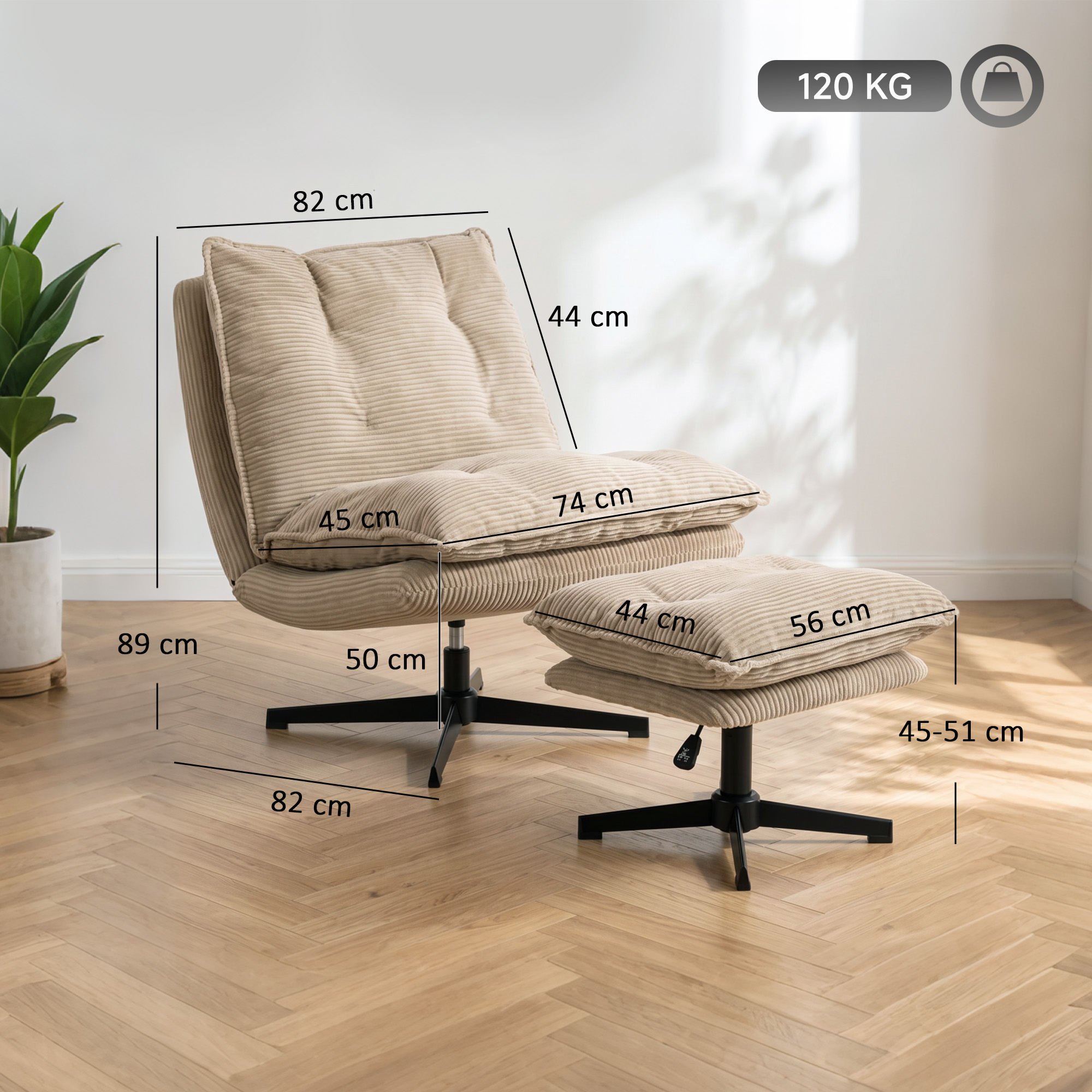 Loungesessel mit Hocker, 360° drehbar, Cordbezug, höhenverstellbare Fußstütze, Beige