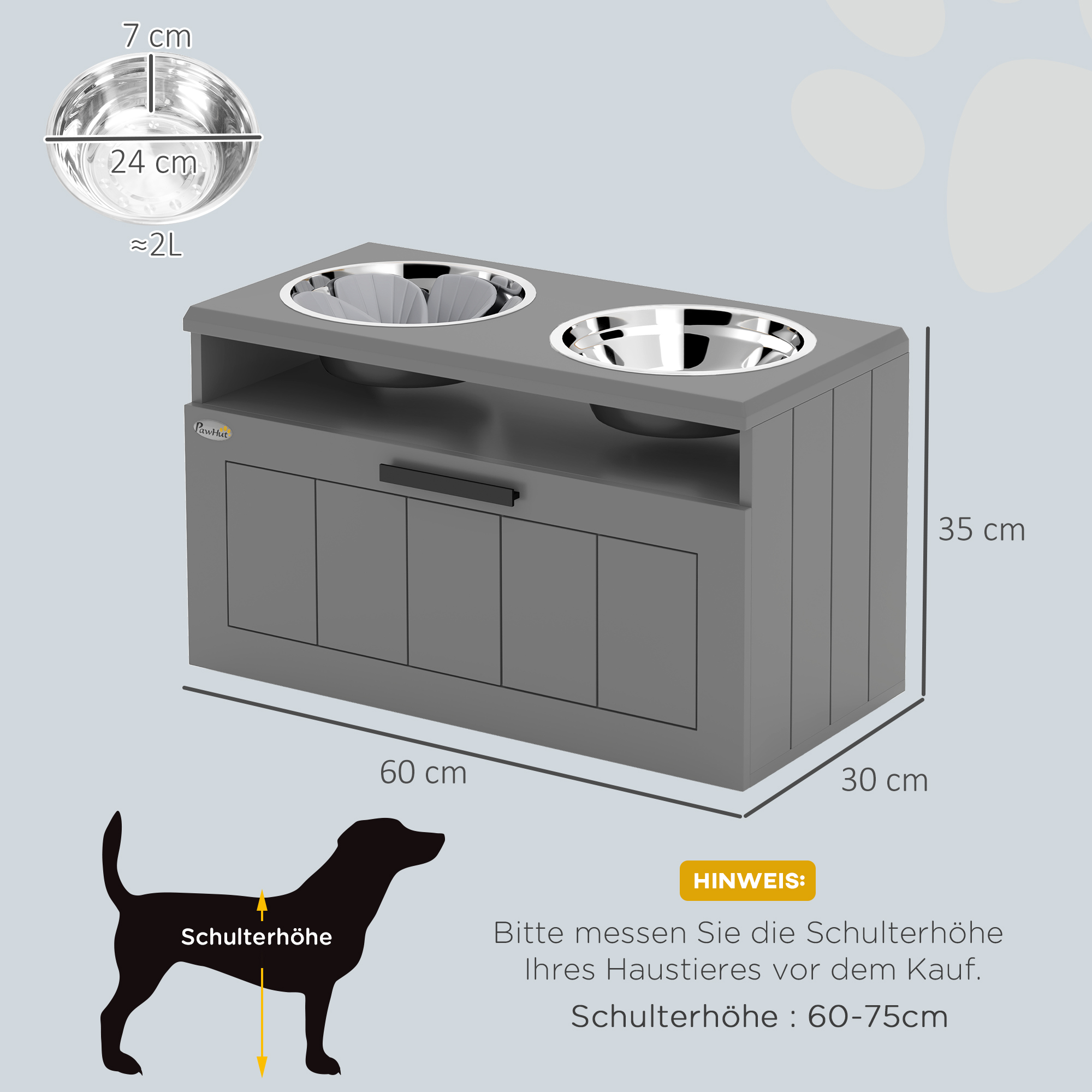 Futterstation für große Hunde, mit 2 Edelstahlnäpfen, Schublade, Futterspender für Haustiere, MDF, Stahl, Grau