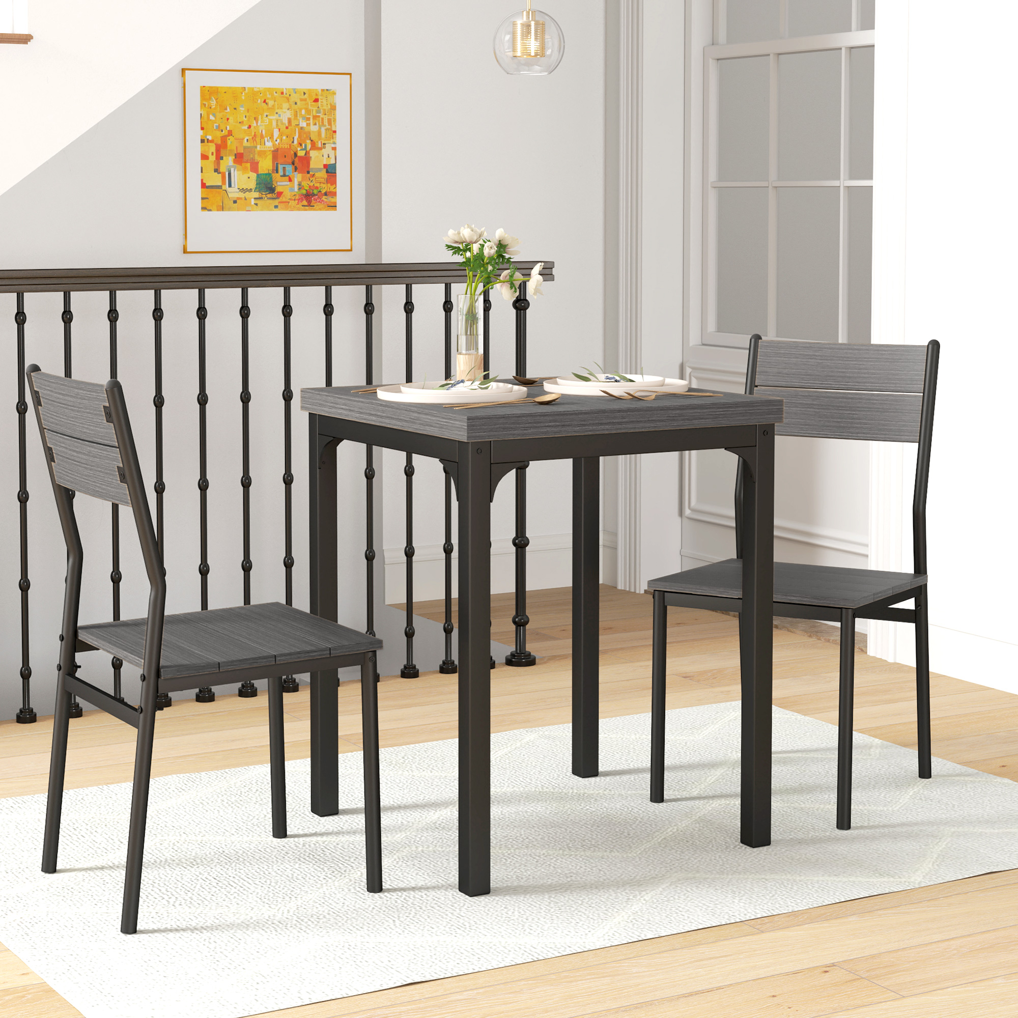 3-teilige Essgruppe, Esstisch-Set, 1 Tisch, 2 Stühle, MDF+Metall, Grau