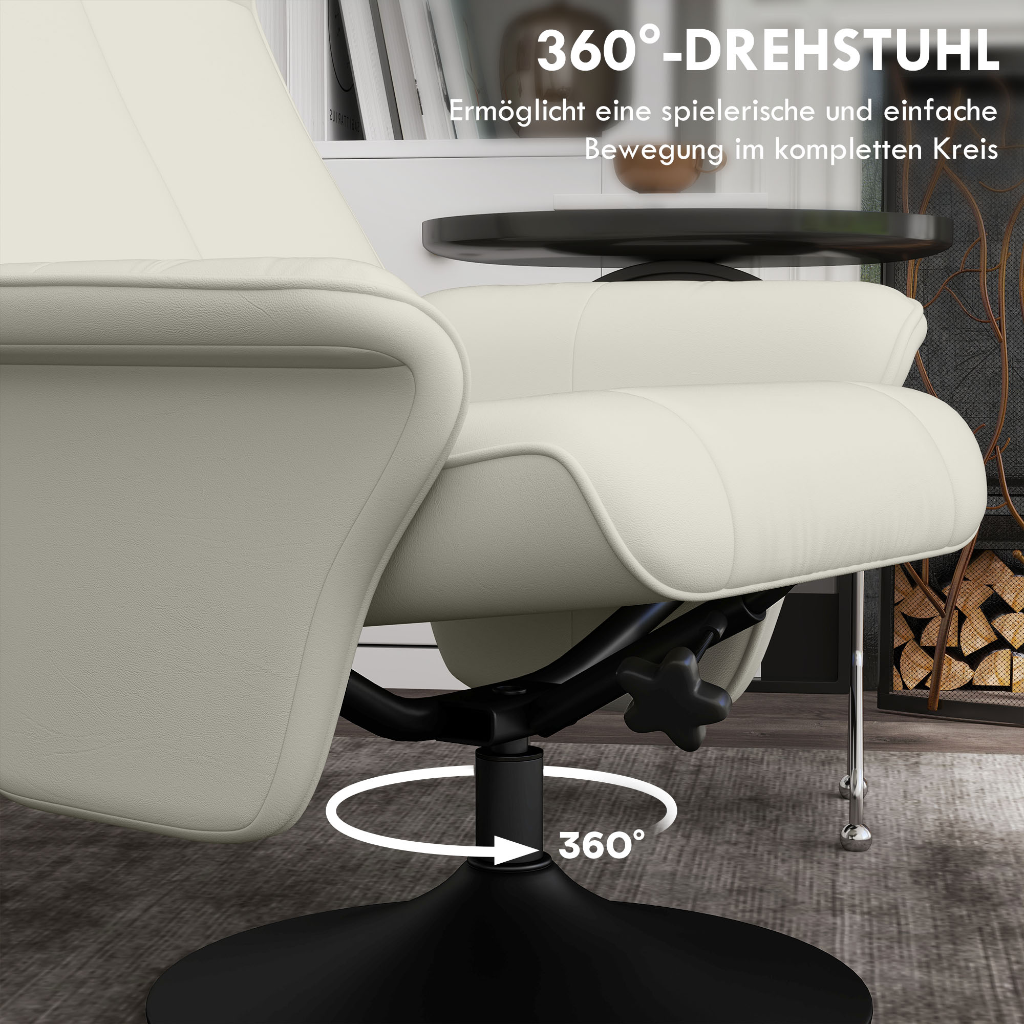 Relaxsessel, Fernsehsessel mit Hocker, drehbar, ergonomisch, Mikrofasertuchoptik, bis 150 kg, Cremeweiß