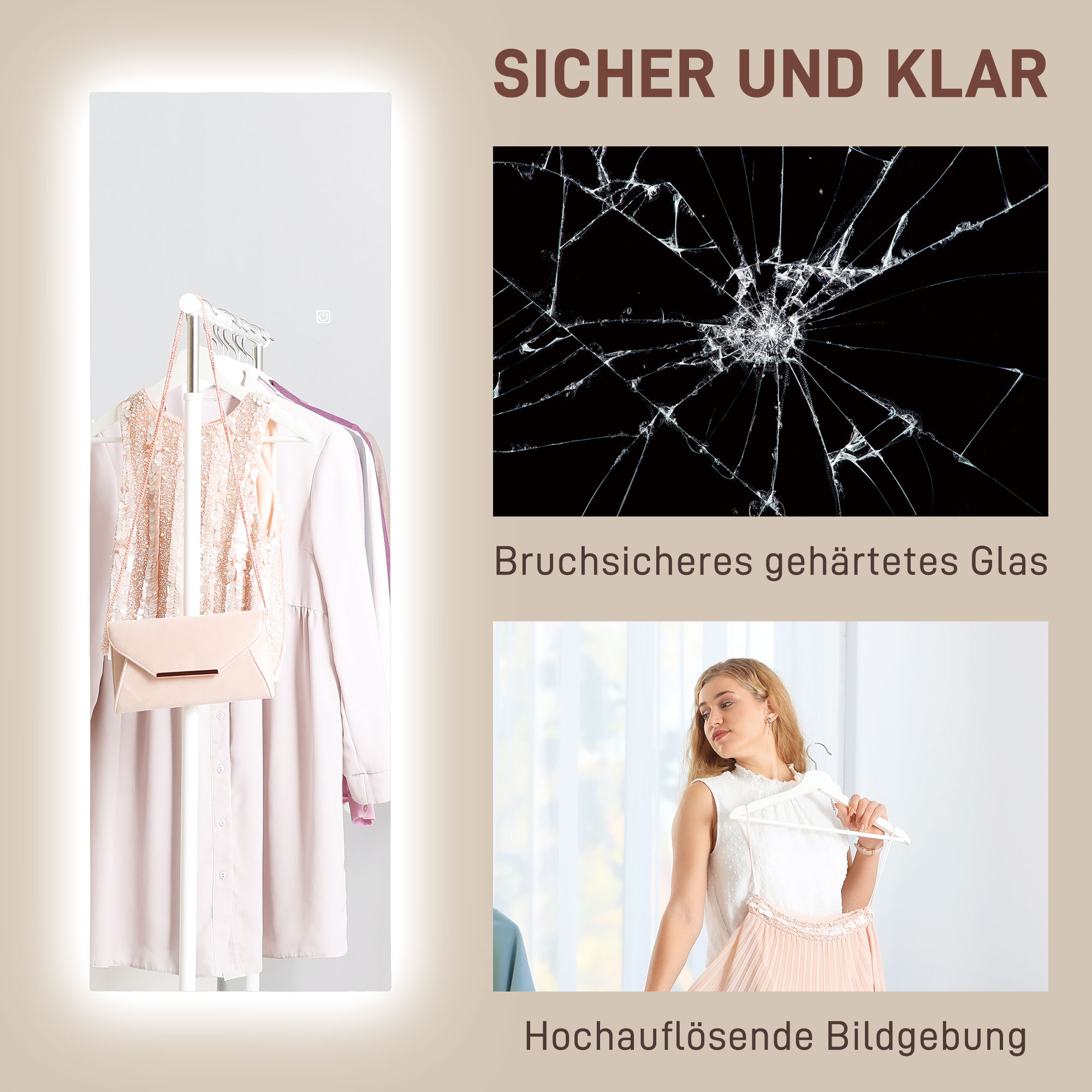 LED Ganzkörperspiegel, dimmbar, rahmenlos, Touch-Steuerung, 40 x 120 cm