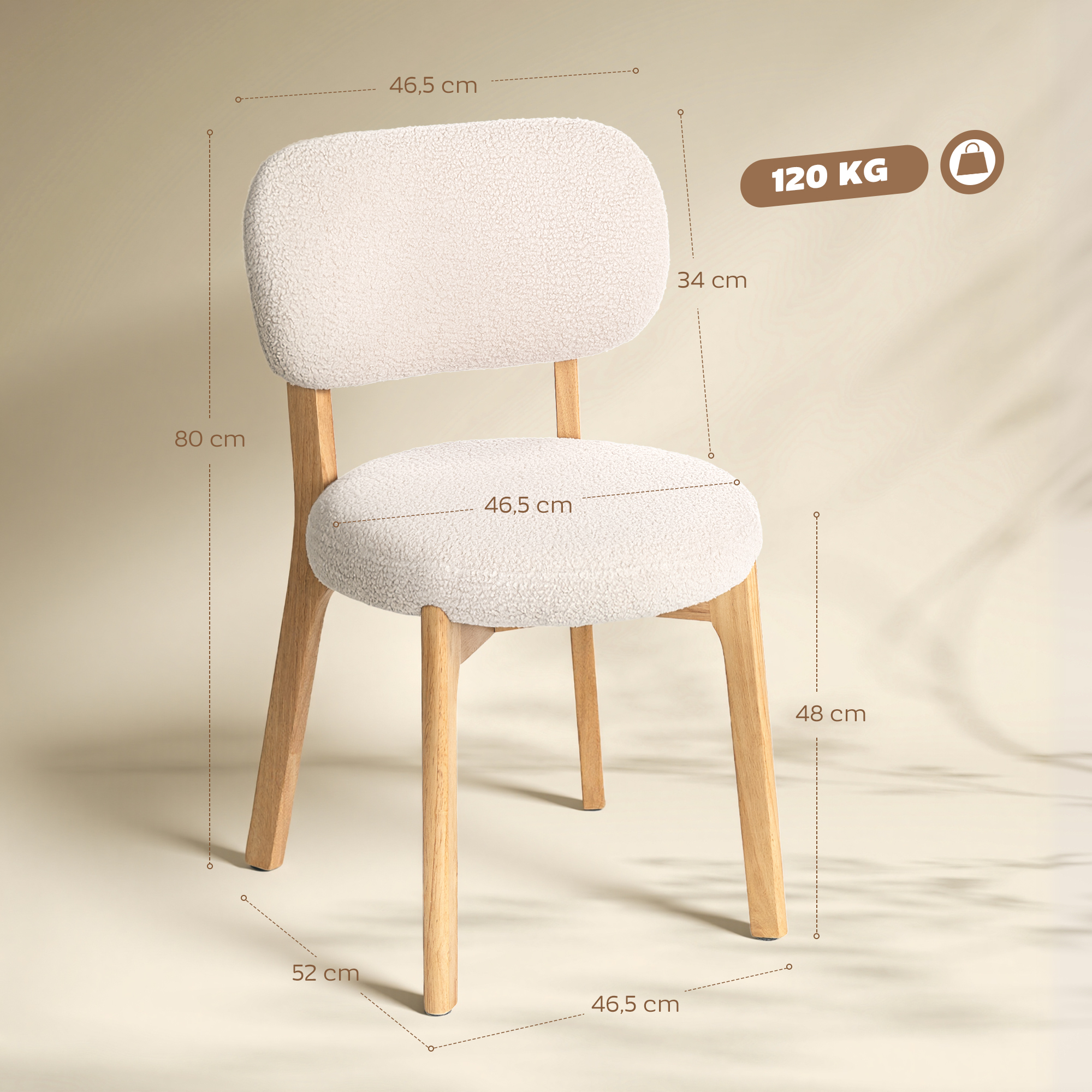 Esszimmerstühle 2er-Set, Küchenstuhl mit breitem Sitz, geschwungener Rückenlehne, für Wohnzimmer, Esszimmer, Creme