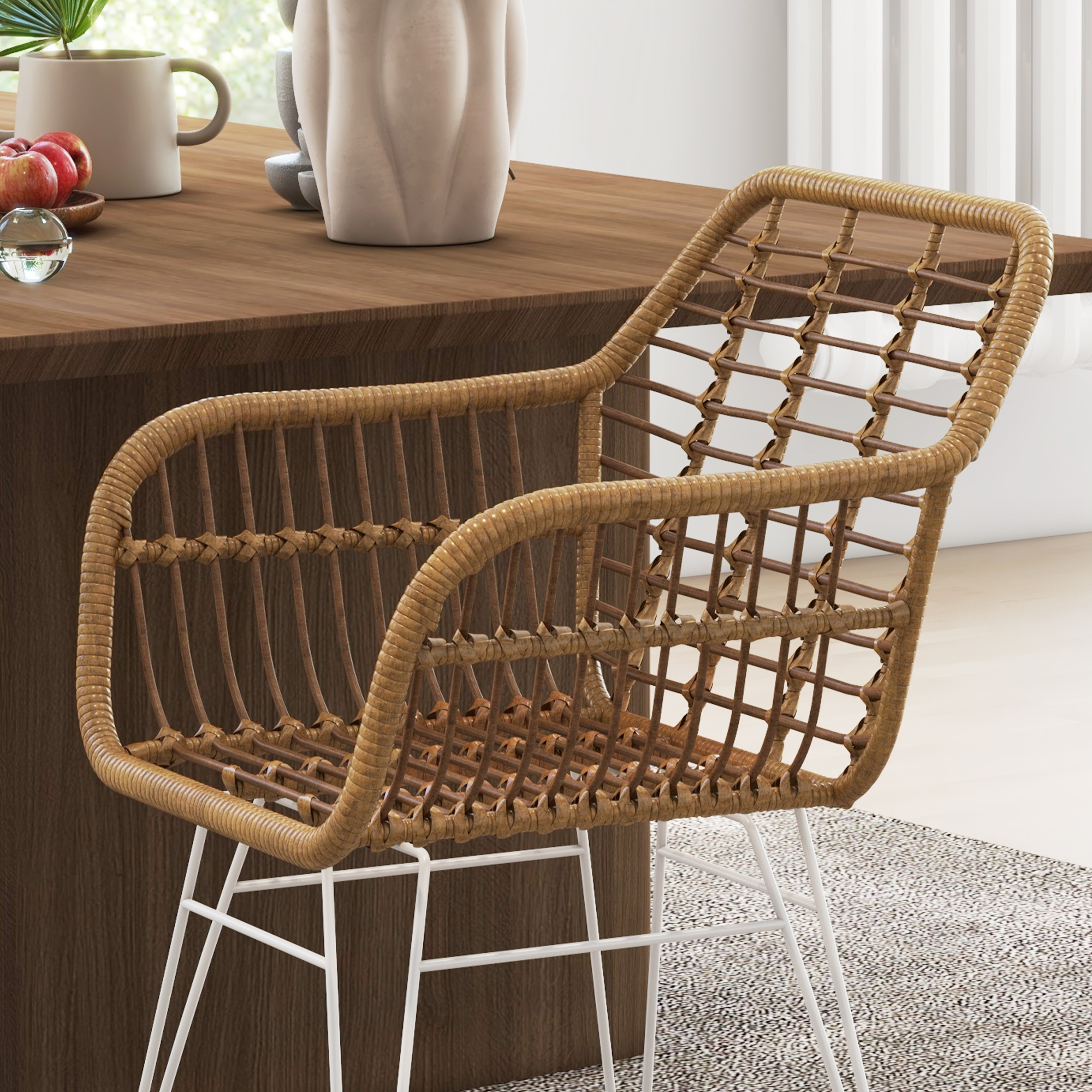 2-er-Set Stühle im Boho-Stil, Küchenstühle, PE-Rattan, 56 x 60 x 79 cm, Natur + Weiß
