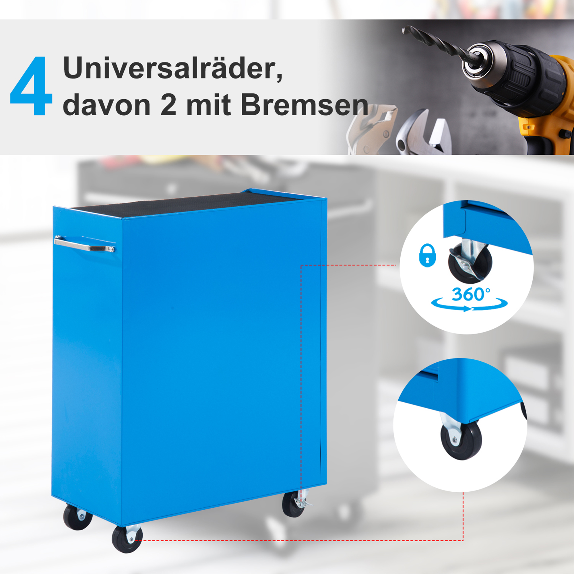 Werkzeugschrank, Werkzeugkiste, 5 Schubladen, rollbar, Stahl, Blau