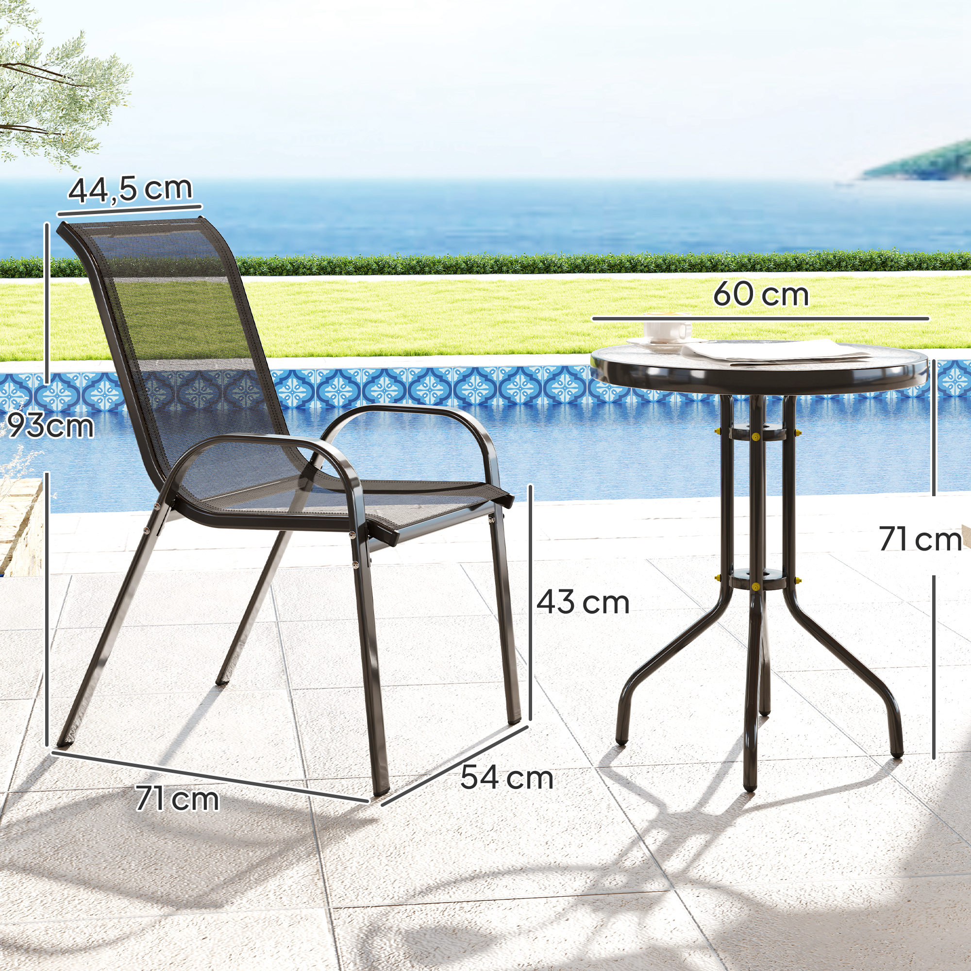 Bistro-Set 3-teilig Wetterfest Gartenmöbel Set mit Glastisch Stapelbare Gartenstühlen Schwarz