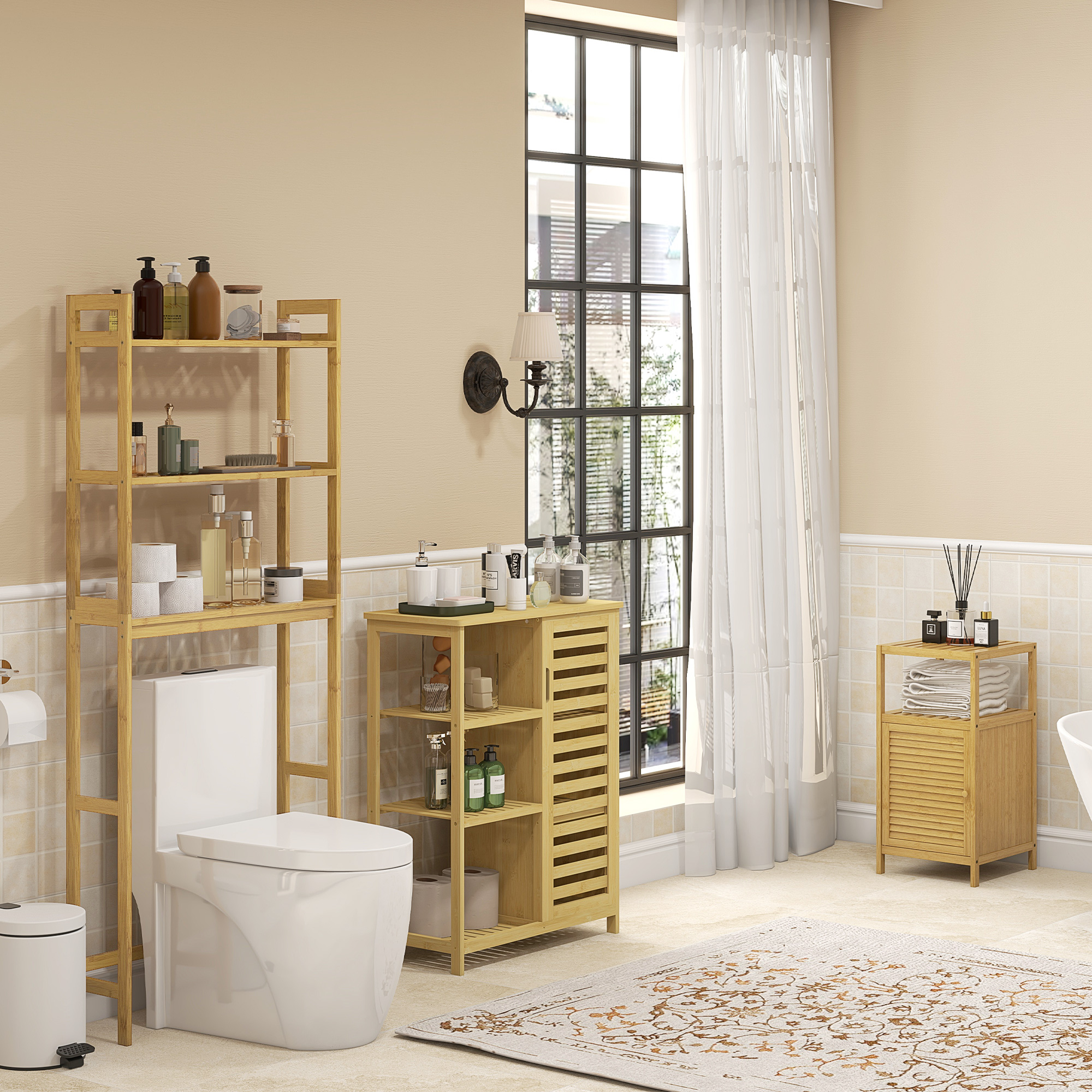 Badezimmerschrank Badregal, Bambus, 1Ablage, 1 Schrank, 33 cm x36.5 cm x67 cm, Natur