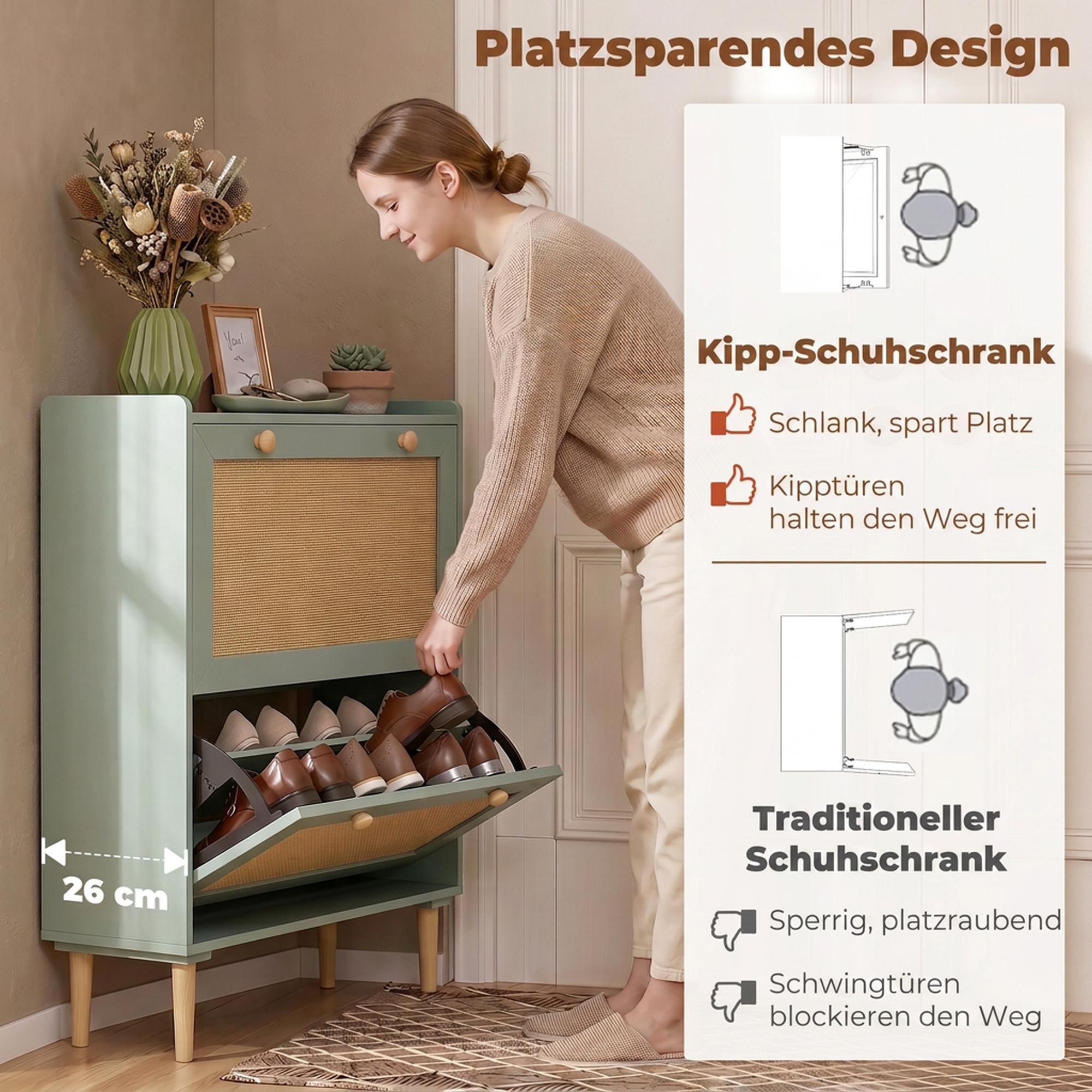 Schuhschrank mit 2 Klappfächern und verstellbaren Böden, hellgrün