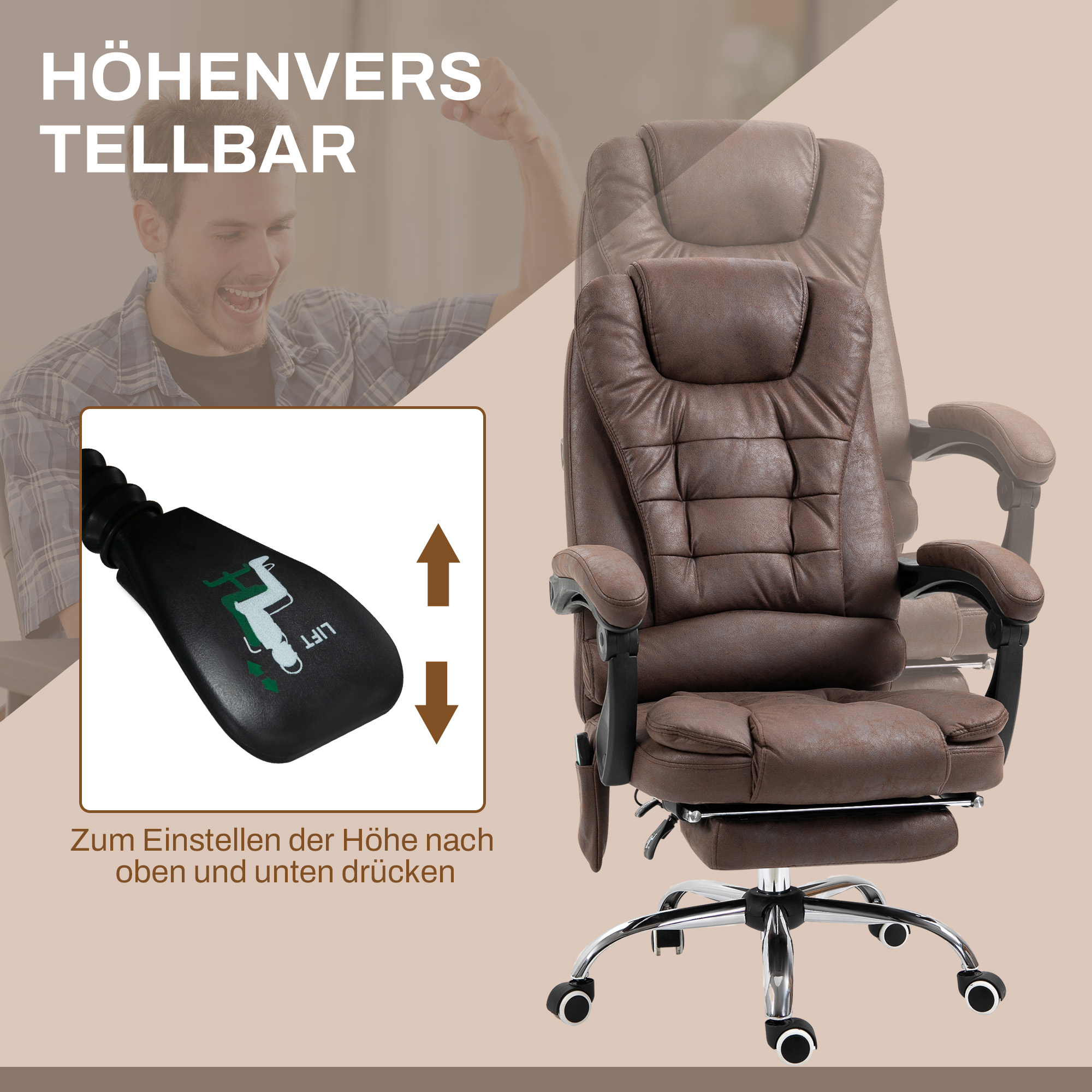 Massage-Bürostuhl, Liege- & Wärmefunktion, drehbar, ergonomisch, bis 120 kg, Braun