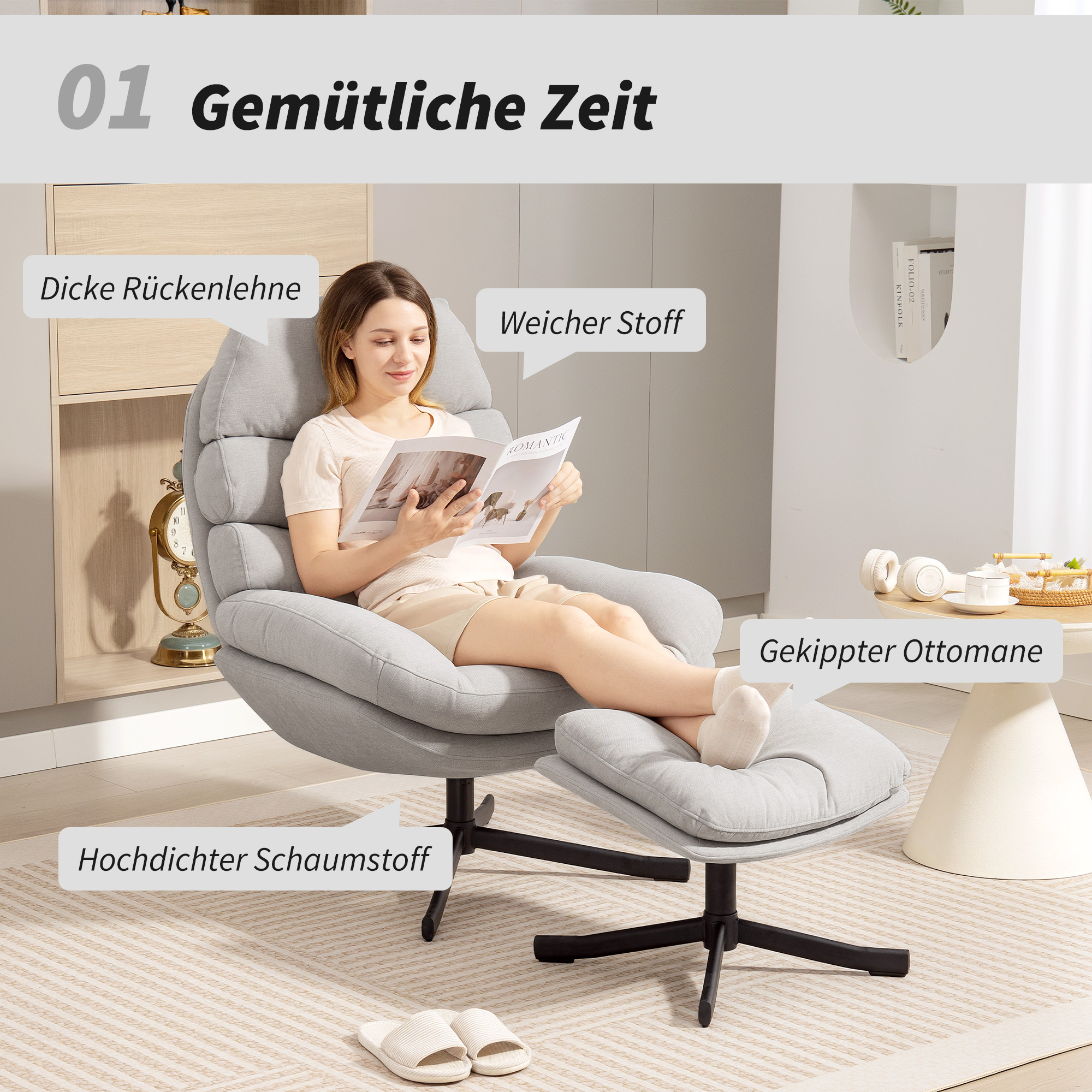 Relaxsessel mit Hocker Sessel Loungesessel mit Chenille-Stoff, Modern Fernsehsessel, 78 x 93 x 100 cm, Cremeweiß
