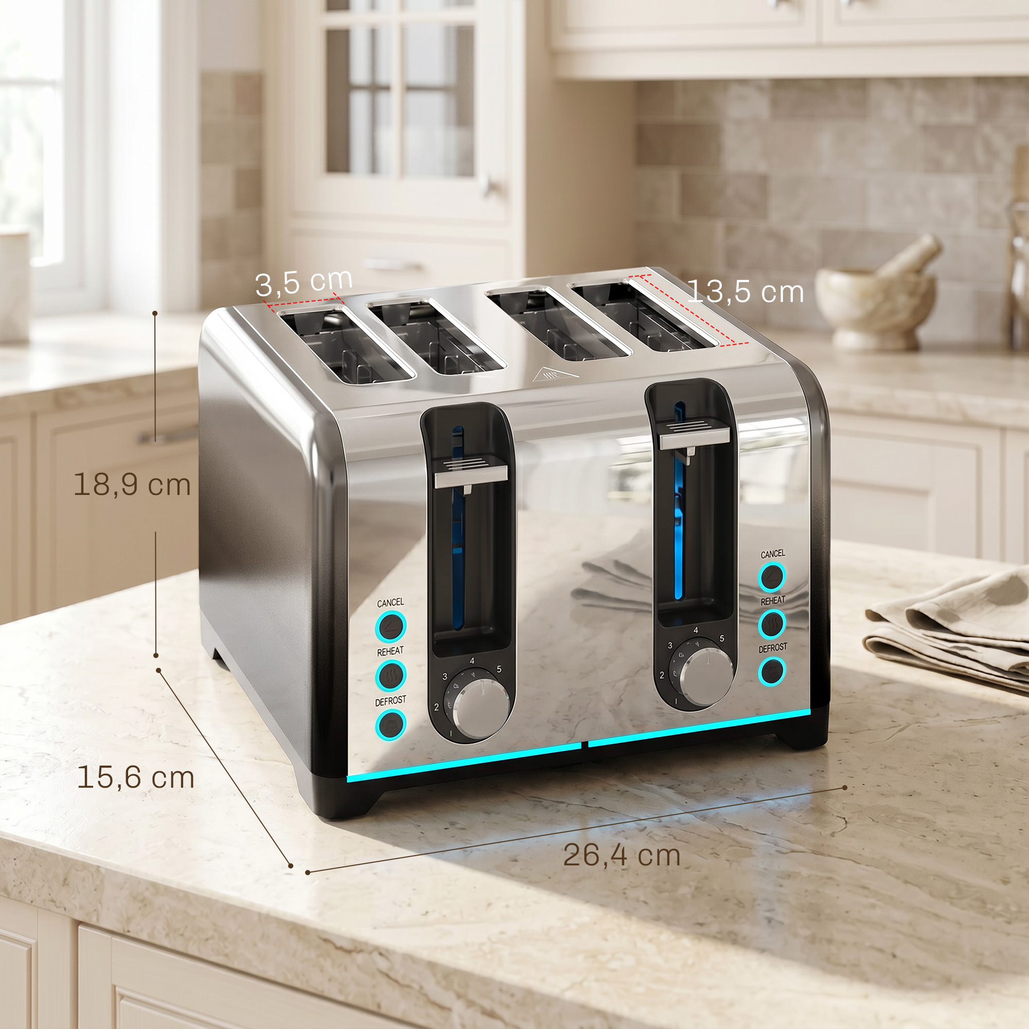 4-Scheiben-Toaster mit 7 Bräunungsstufen, Aufwärm-, Auftau- und Abbruchfunktion