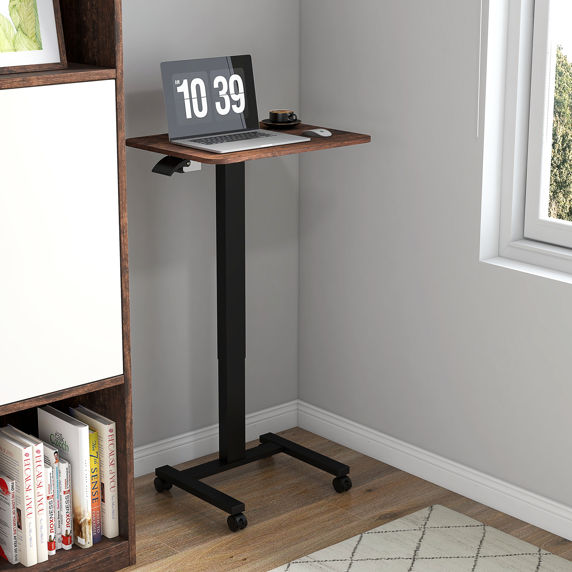 Stehpult Stehtisch, Laptoptisch, höhenverstellbar, 4 Rollen, 65 cm x 48 cm x 108 cm, Braun + Schwarz