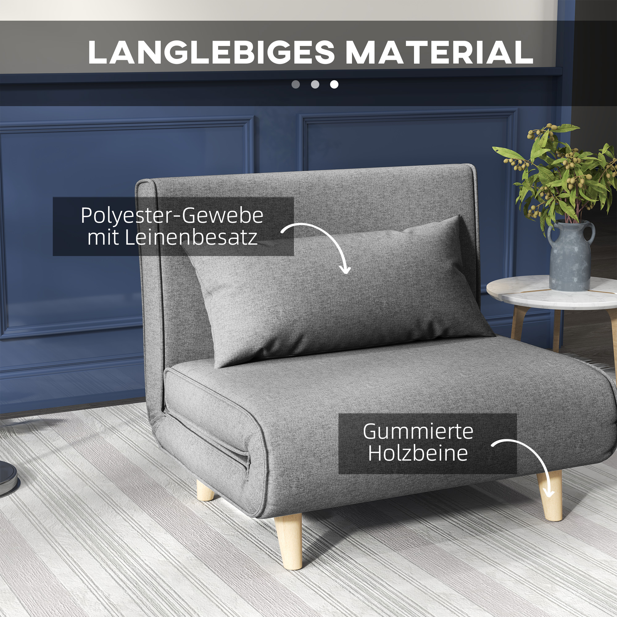 Einzelsofa Schlafsofa Sofabett Klappsofa verstellbar Rückenlehne Liege nordisch skandinavisch 25D Schaumstoff Haus Leinenimitat Kautschukholz Grau 94 x 78 x 80 cm