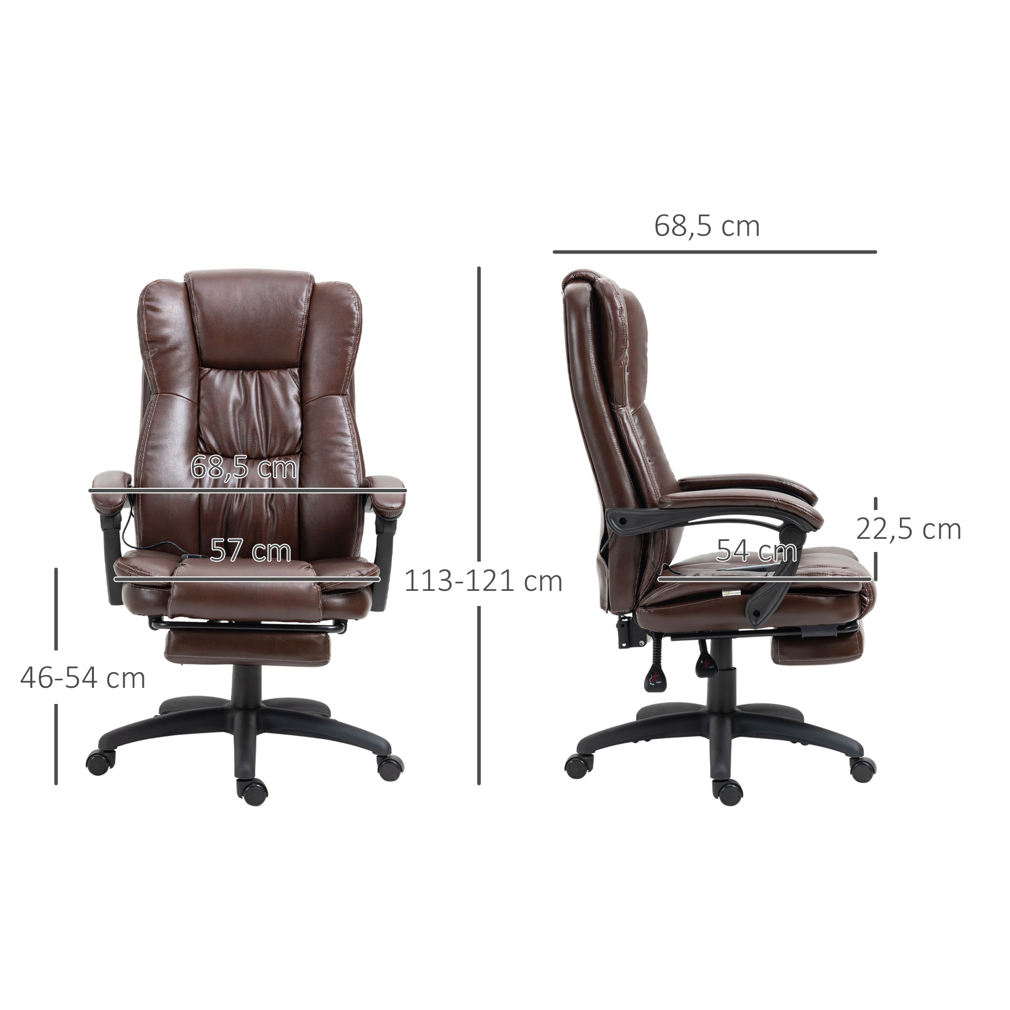 verstellbarer Drehstuhl mit Fußstütze, Kopfstütze, Massagefunktion, Kunstleder, 68,5x68,5x113-121cm, Braun