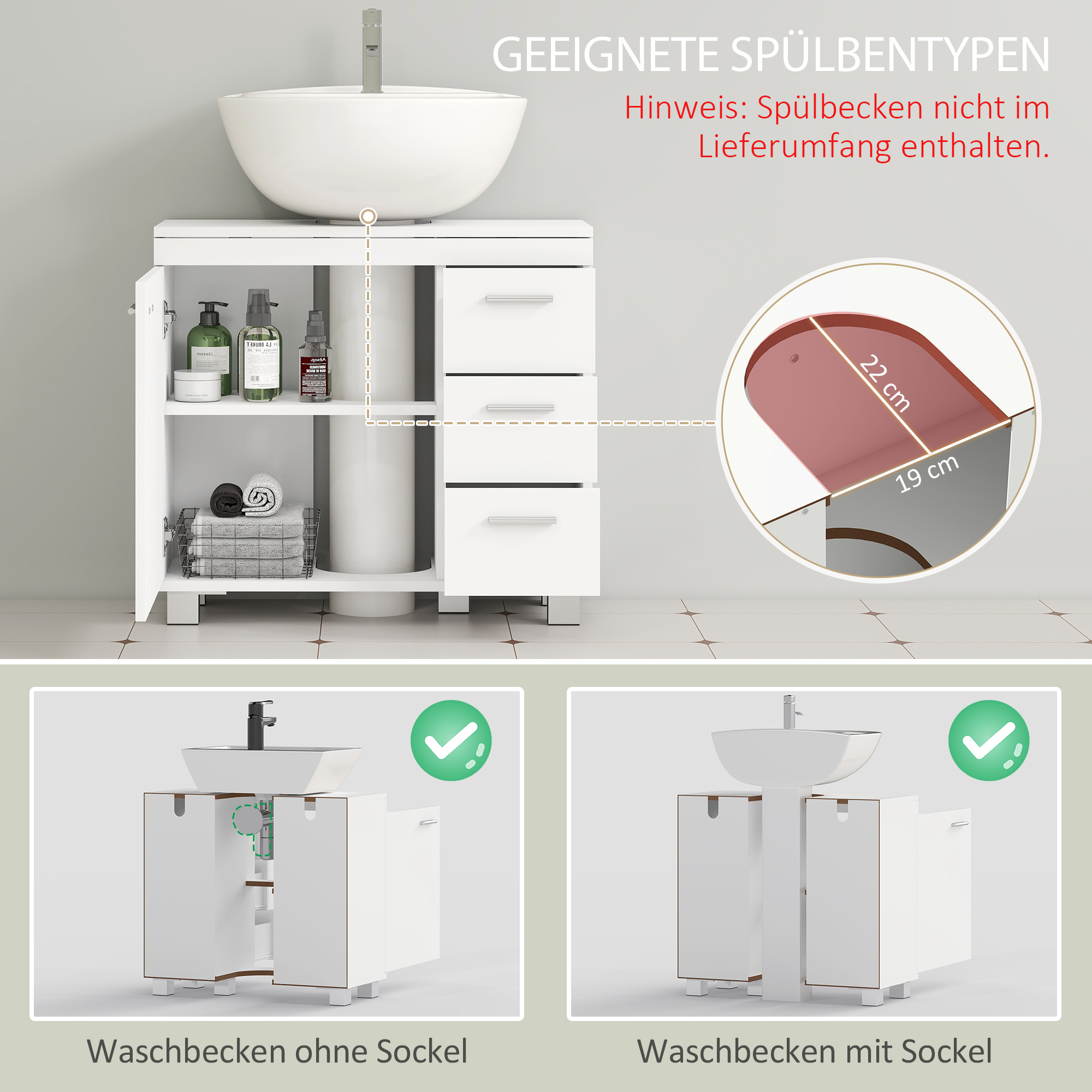Unterschrank für Waschbecken, 2 Regale, 3 Schubladen, MDF-Struktur, Weiß
