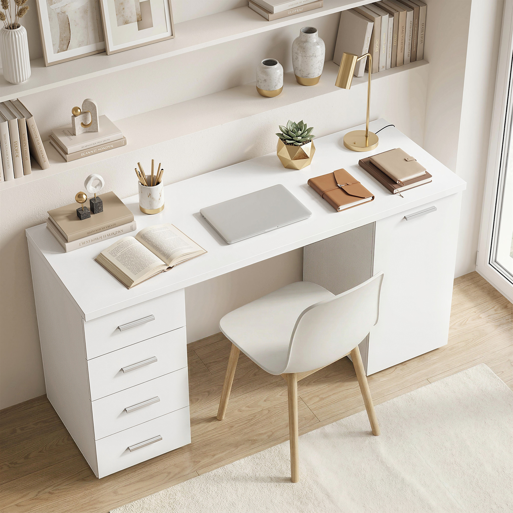 Computertisch mit 4 Schubladen und Schrank, 140 cm Schreibtisch für Arbeitszimmer, Weiß Holzoptik