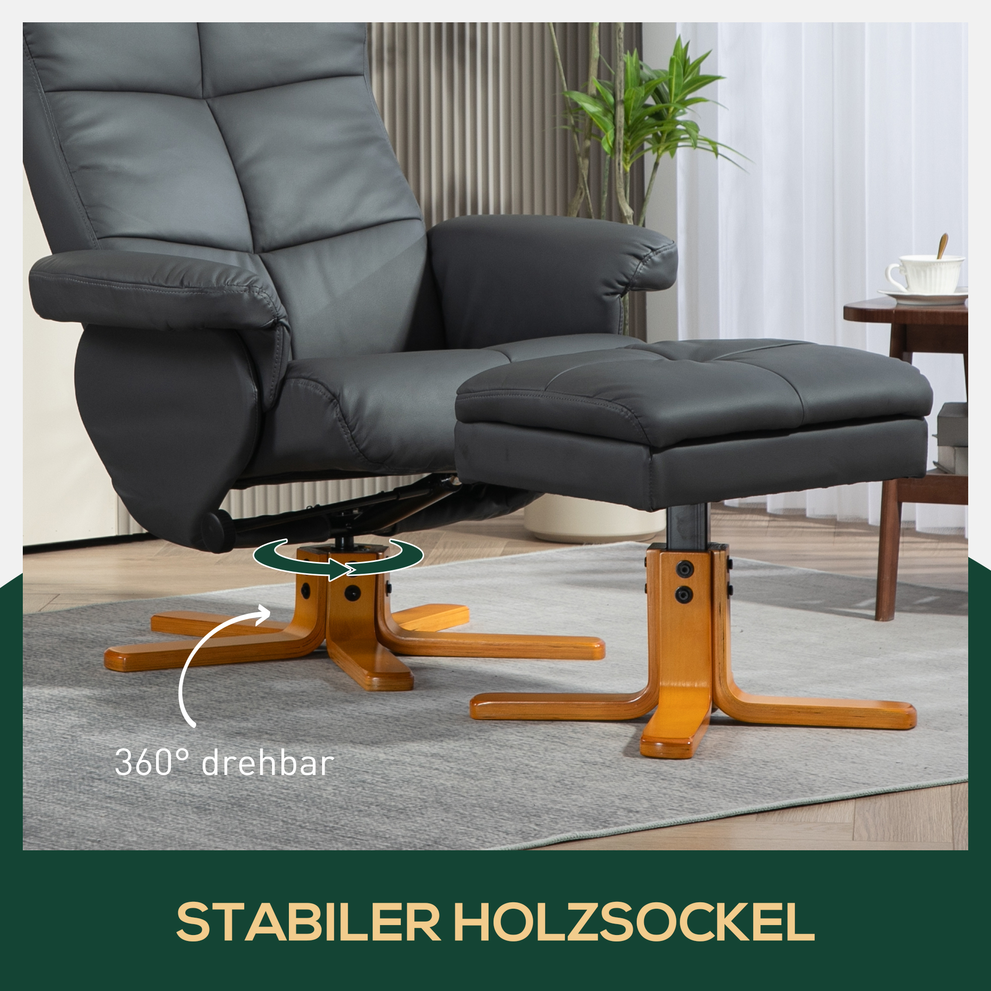 Relaxsessel mit Hocker, 145° neigbare Rückenlehne, 360° drehbar, Kunstleder, Dunkelgrau