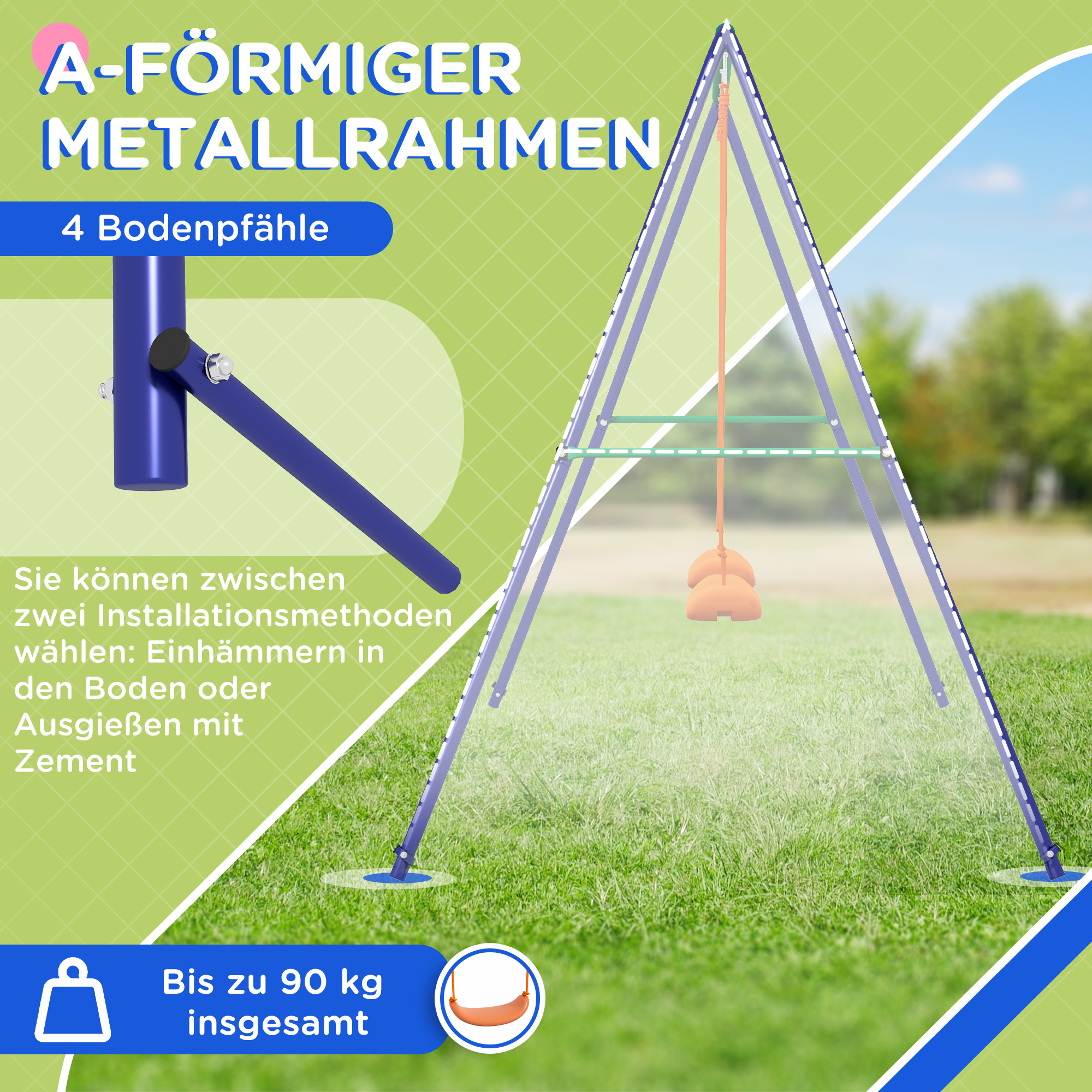 Kinder-Schaukelgestell mit 2 Schaukelsitzen, für 3-8 Jahre, Stahl, 2,7 x 1,6 x 1,8 m