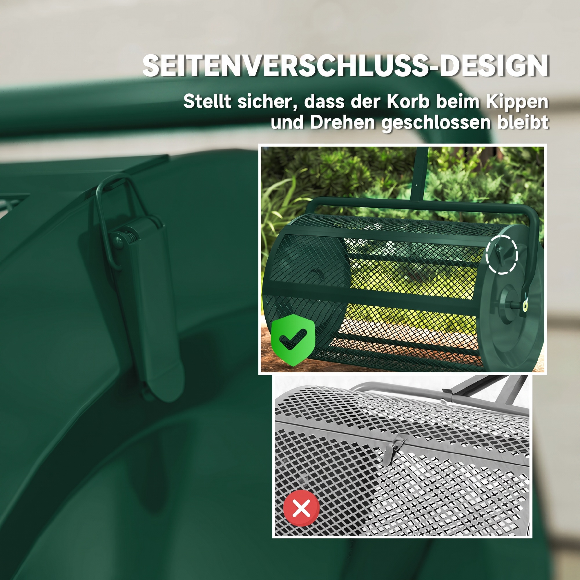 Kompoststreuer 75L 61x40cm Düngerstreuer Rasen Garten mit T-Griff Mesh-Korb Metall Grün